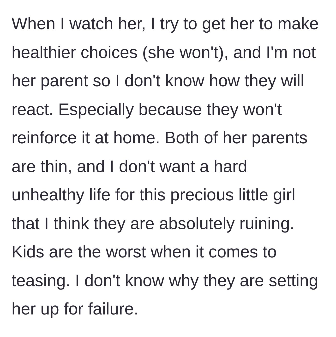 Story part 8 - Aunt attempts to offer healthy food but fails, worrying about the thin parents setting the child up for failure.