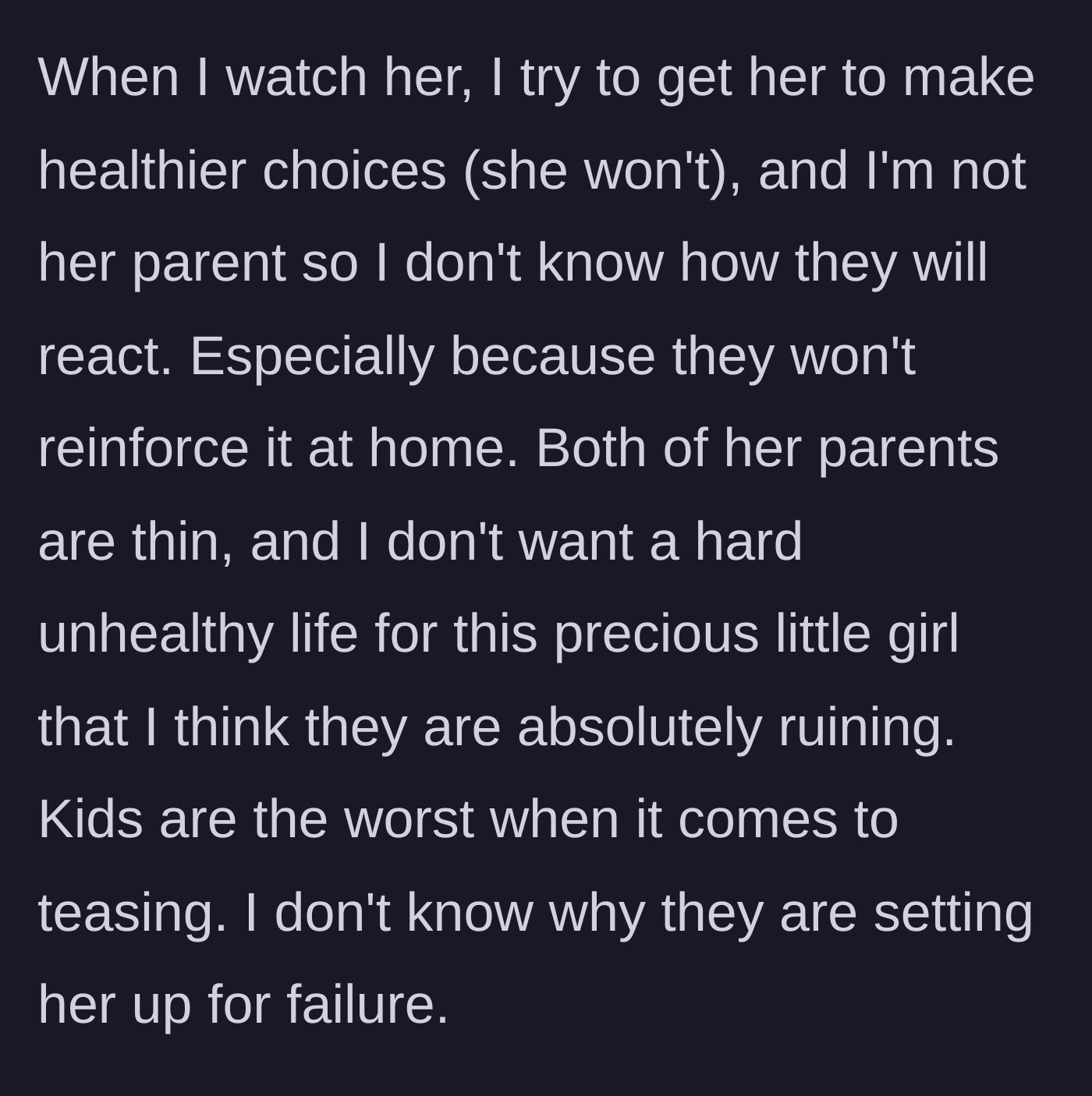 Story part 8 - Aunt attempts to offer healthy food but fails, worrying about the thin parents setting the child up for failure.