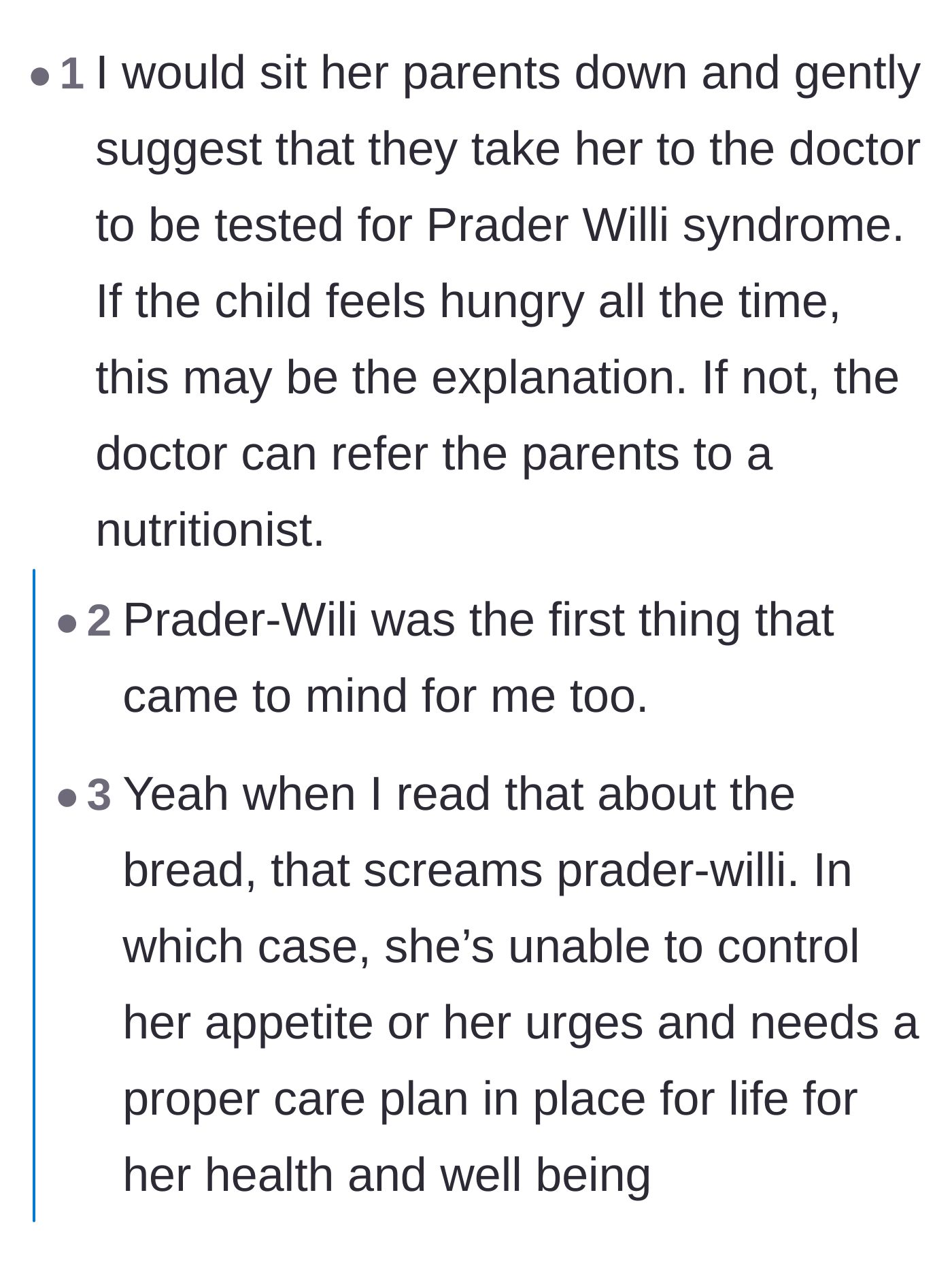 Comment thread 1 - Readers debating whether the niece's extreme symptoms point to Prader-Willi syndrome.