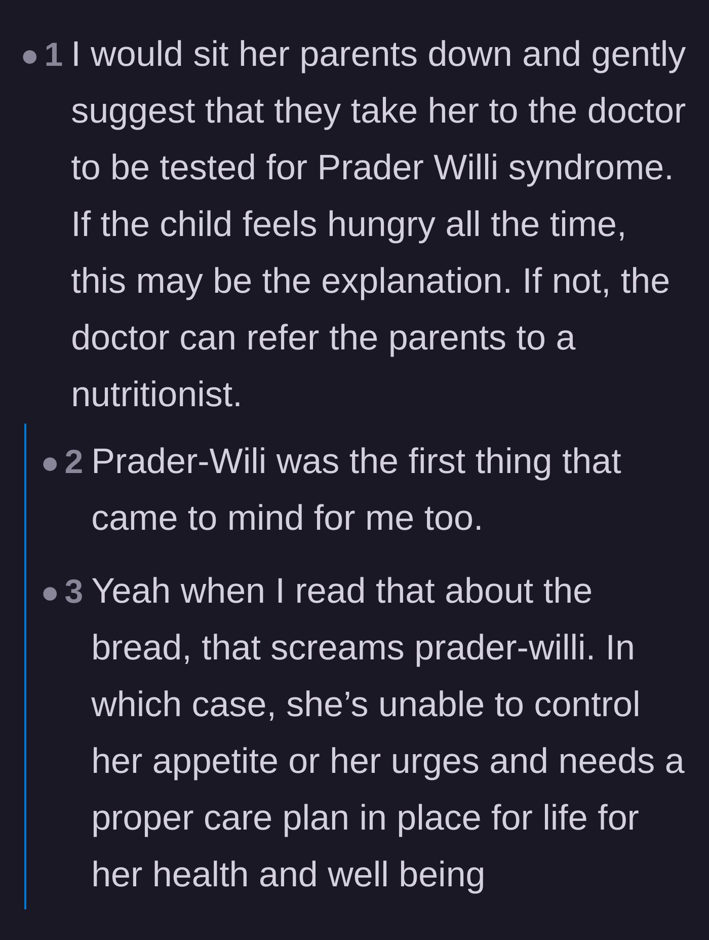 Comment thread 1 - Readers debating whether the niece's extreme symptoms point to Prader-Willi syndrome.