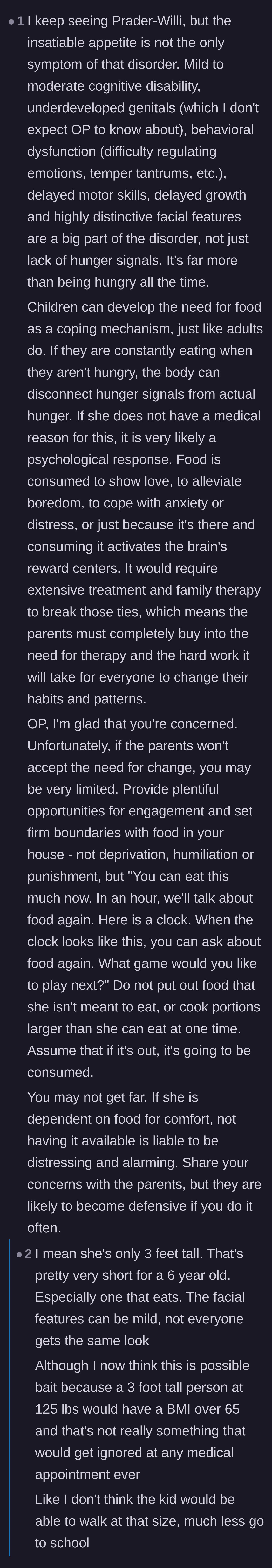 Comment thread 2 - Discussion on using food for emotional coping and the severe physical reality of the child's weight.