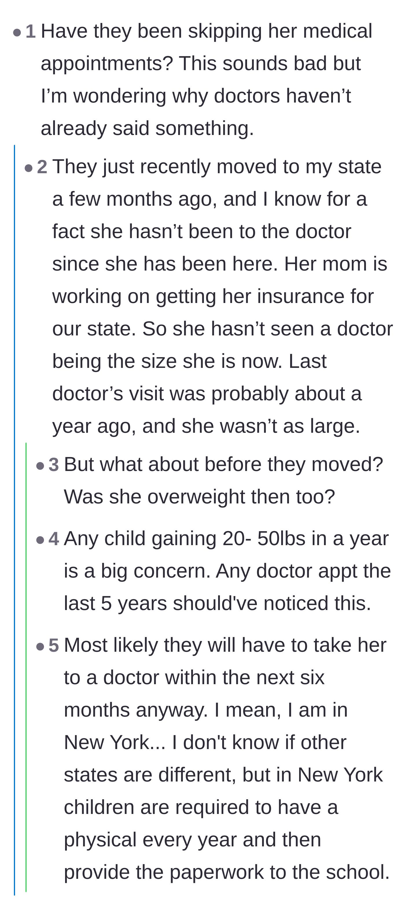Comment thread 3 - Questioning the lack of recent medical appointments and the aunt's revelation about their delayed doctor visits.
