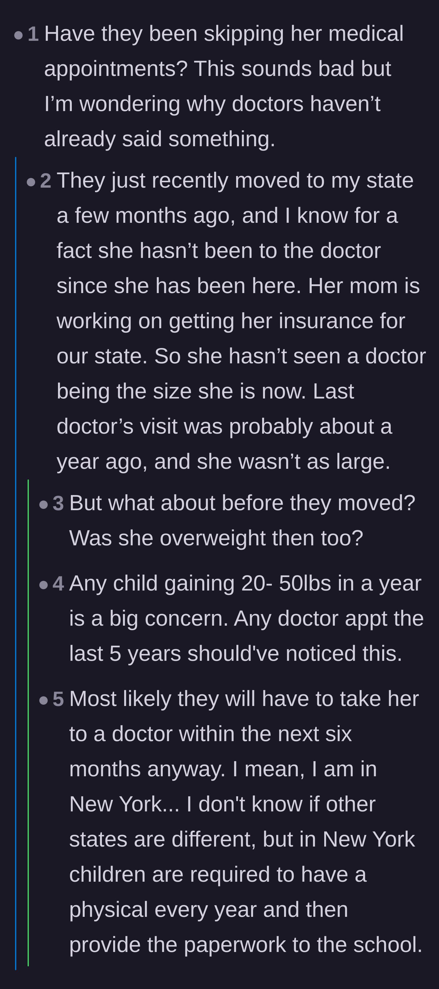 Comment thread 3 - Questioning the lack of recent medical appointments and the aunt's revelation about their delayed doctor visits.