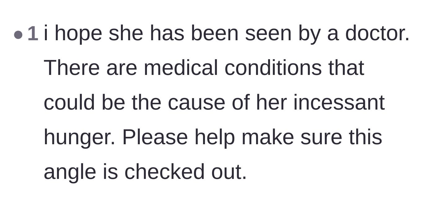 Comment thread 4 - A direct plea for the parents to seek medical help for the child's incessant hunger.