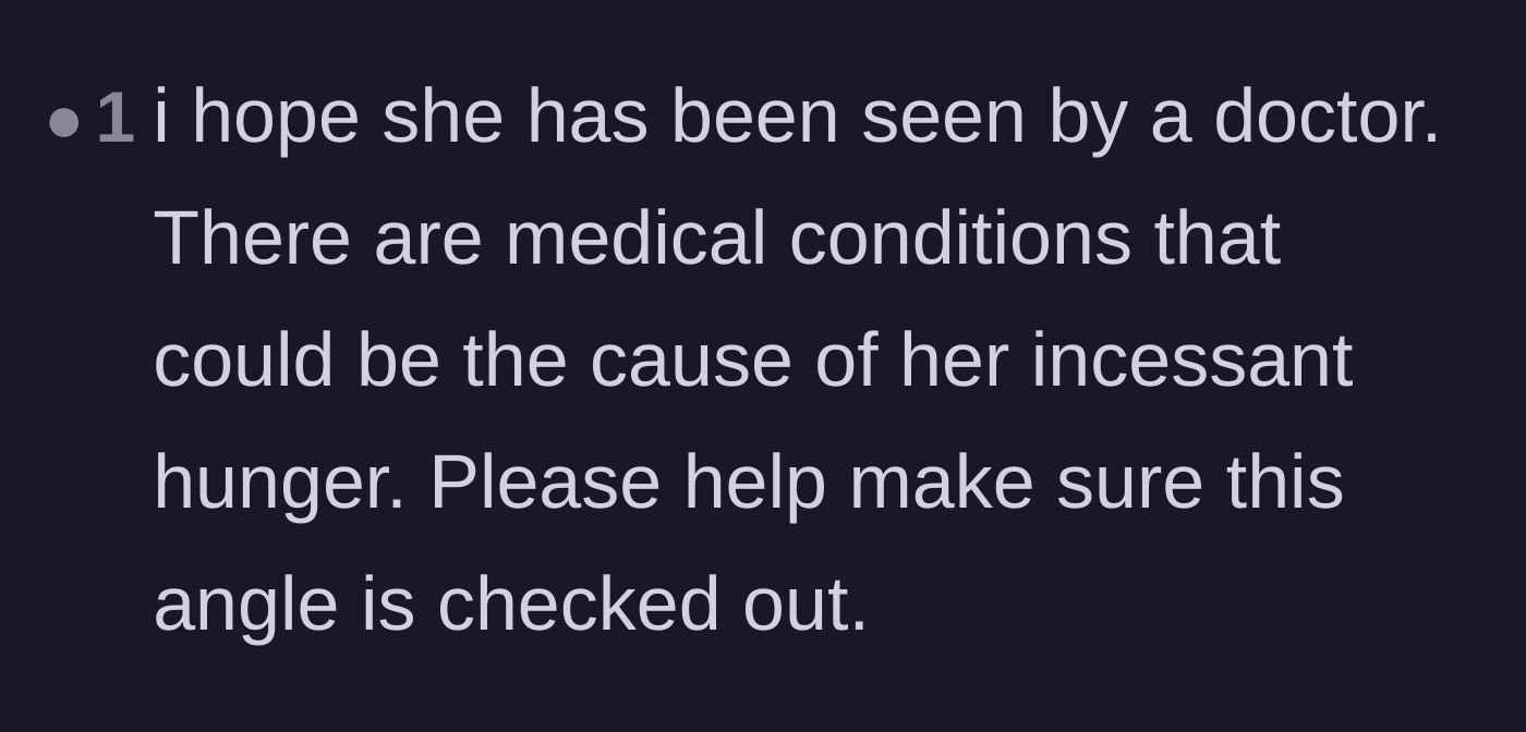 Comment thread 4 - A direct plea for the parents to seek medical help for the child's incessant hunger.