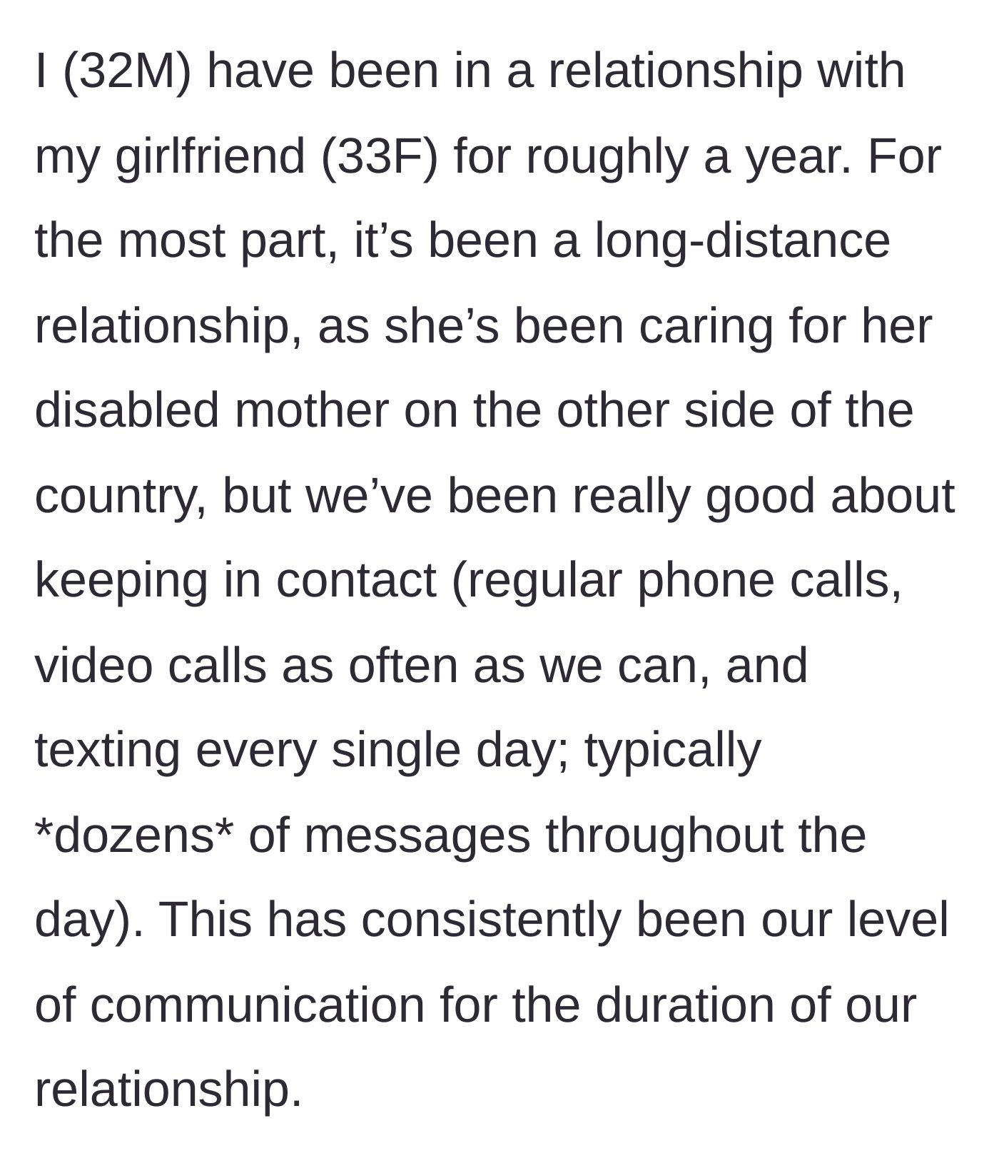 Story part 1 - A man smiling at his phone, texting his long-distance girlfriend who is caring for her mother.
