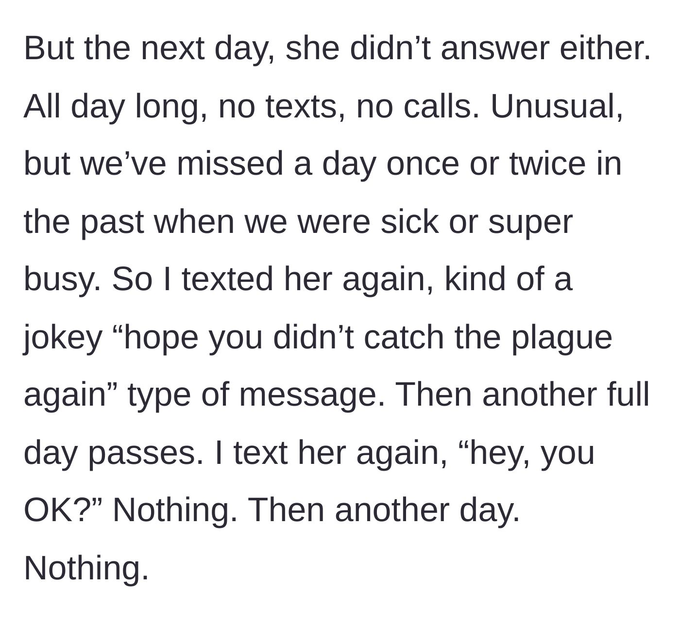 Story part 3 - A man sending a lighthearted joke text, trying to hide his growing anxiety.