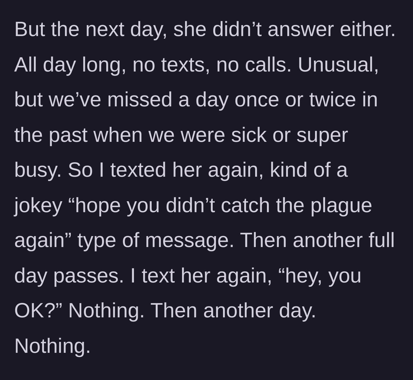 Story part 3 - A man sending a lighthearted joke text, trying to hide his growing anxiety.