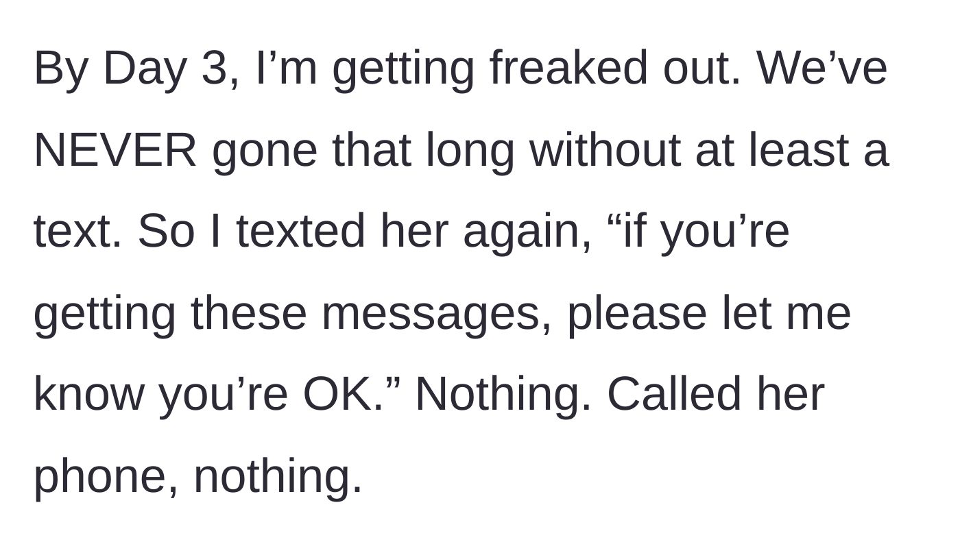 Story part 4 - A concerned partner desperately dialing a phone that goes straight to voicemail.