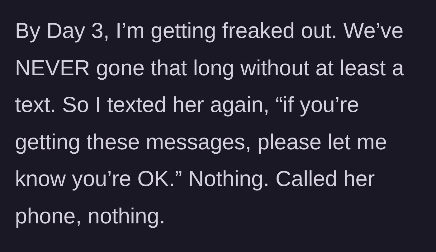 Story part 4 - A concerned partner desperately dialing a phone that goes straight to voicemail.
