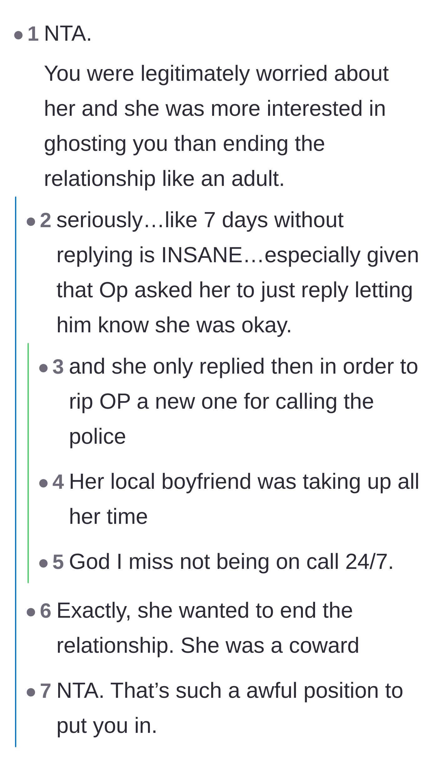 Comment thread 1 - A discussion about the girlfriend's cowardly choice to ghost instead of communicating openly.