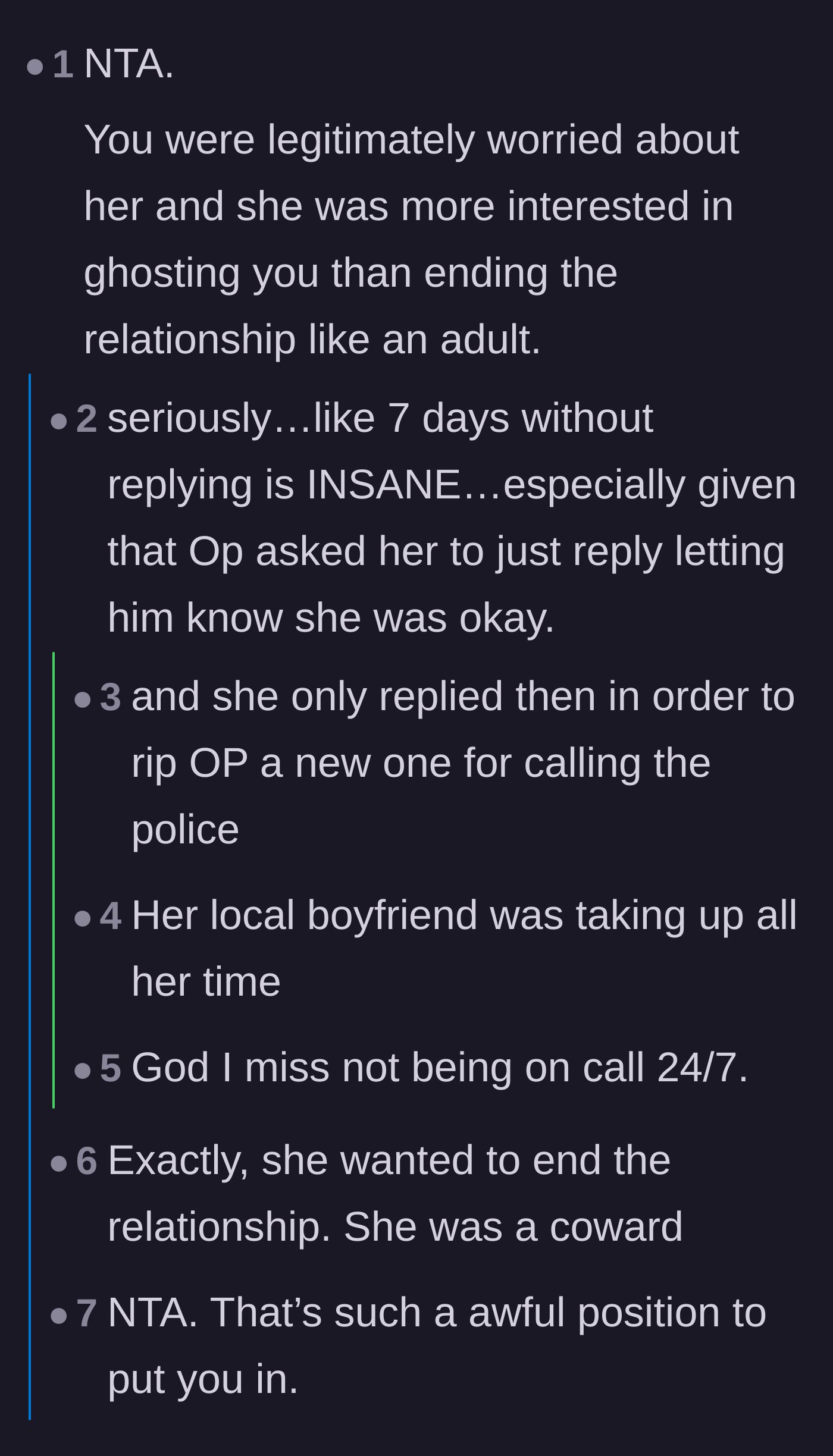 Comment thread 1 - A discussion about the girlfriend's cowardly choice to ghost instead of communicating openly.