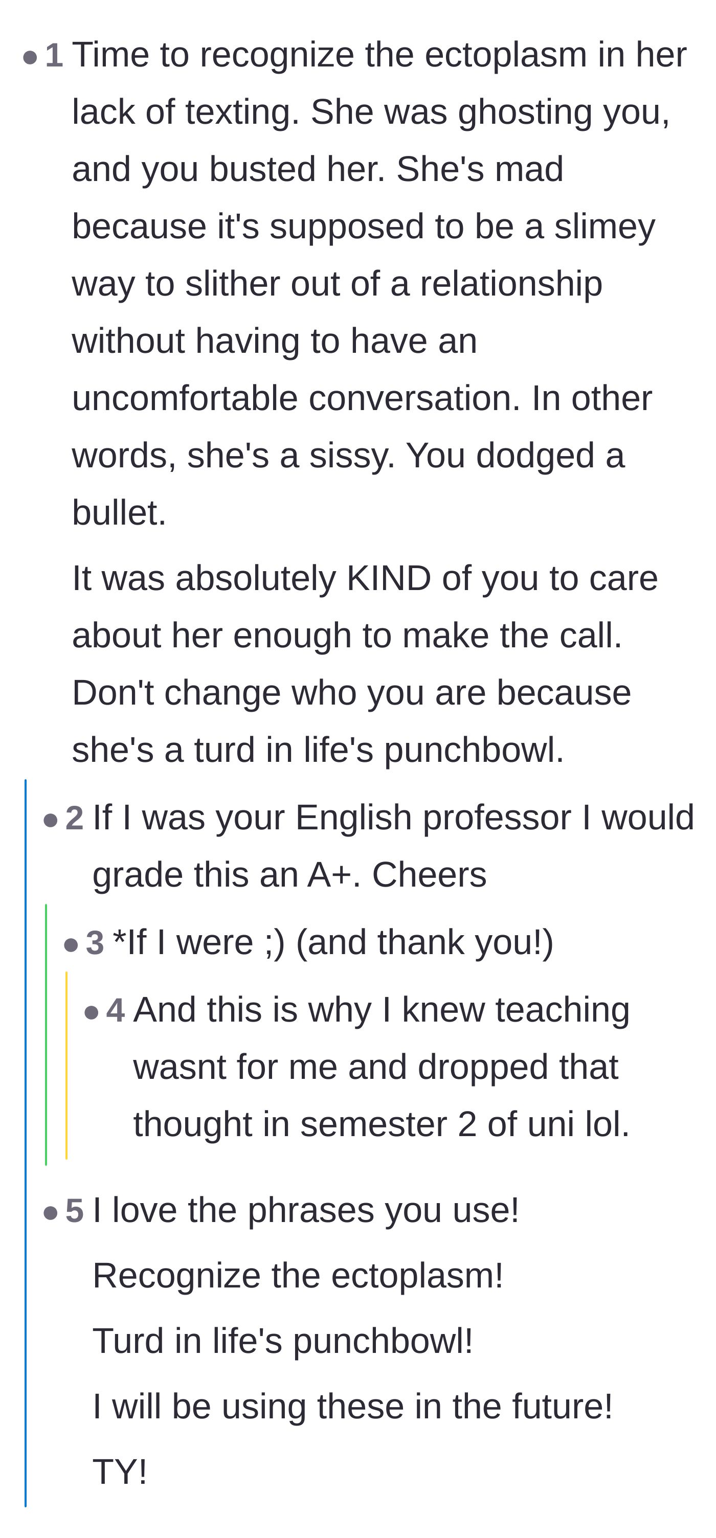 Comment thread 3 - A humorous comment thread using highly creative metaphors to call out the girlfriend's bad behavior.