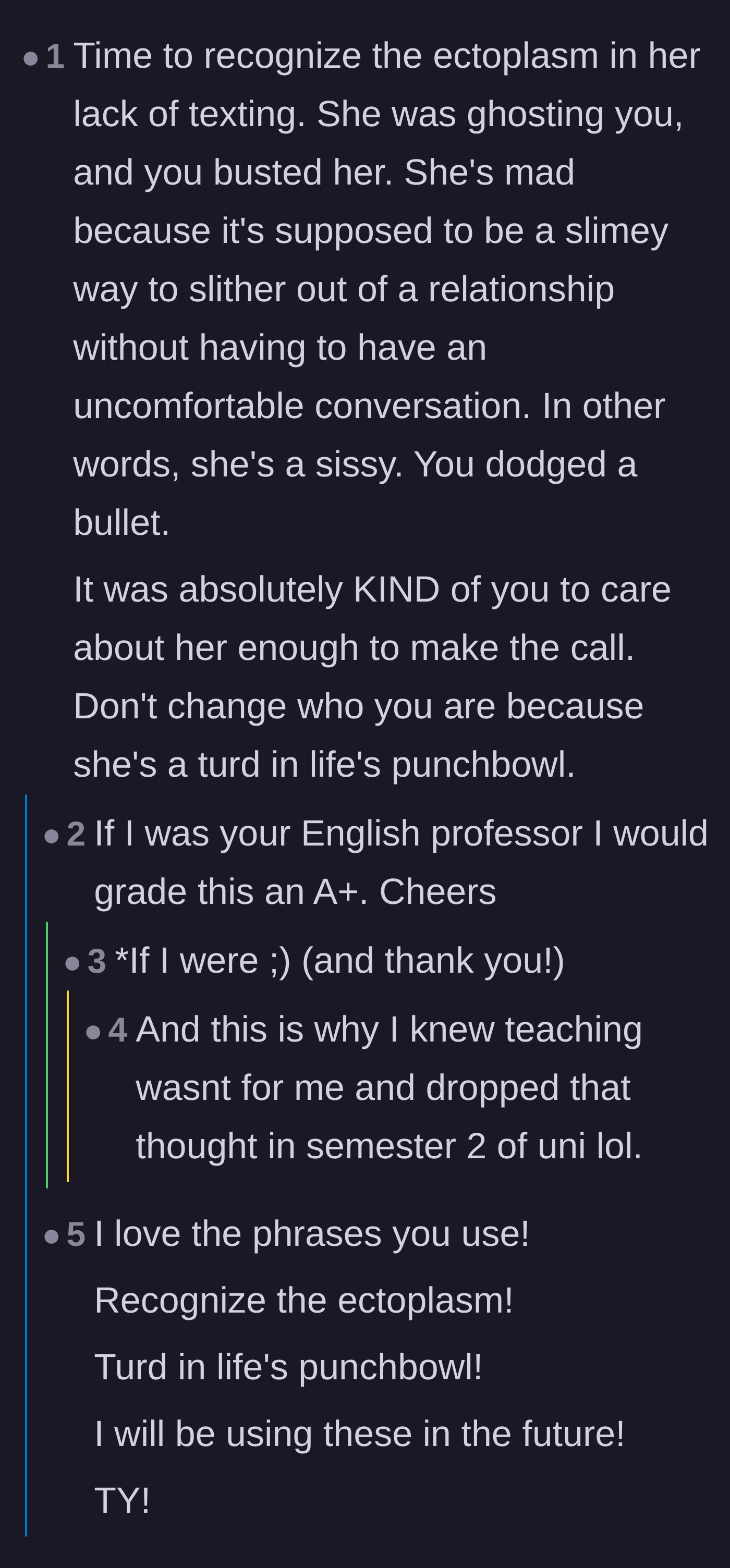 Comment thread 3 - A humorous comment thread using highly creative metaphors to call out the girlfriend's bad behavior.