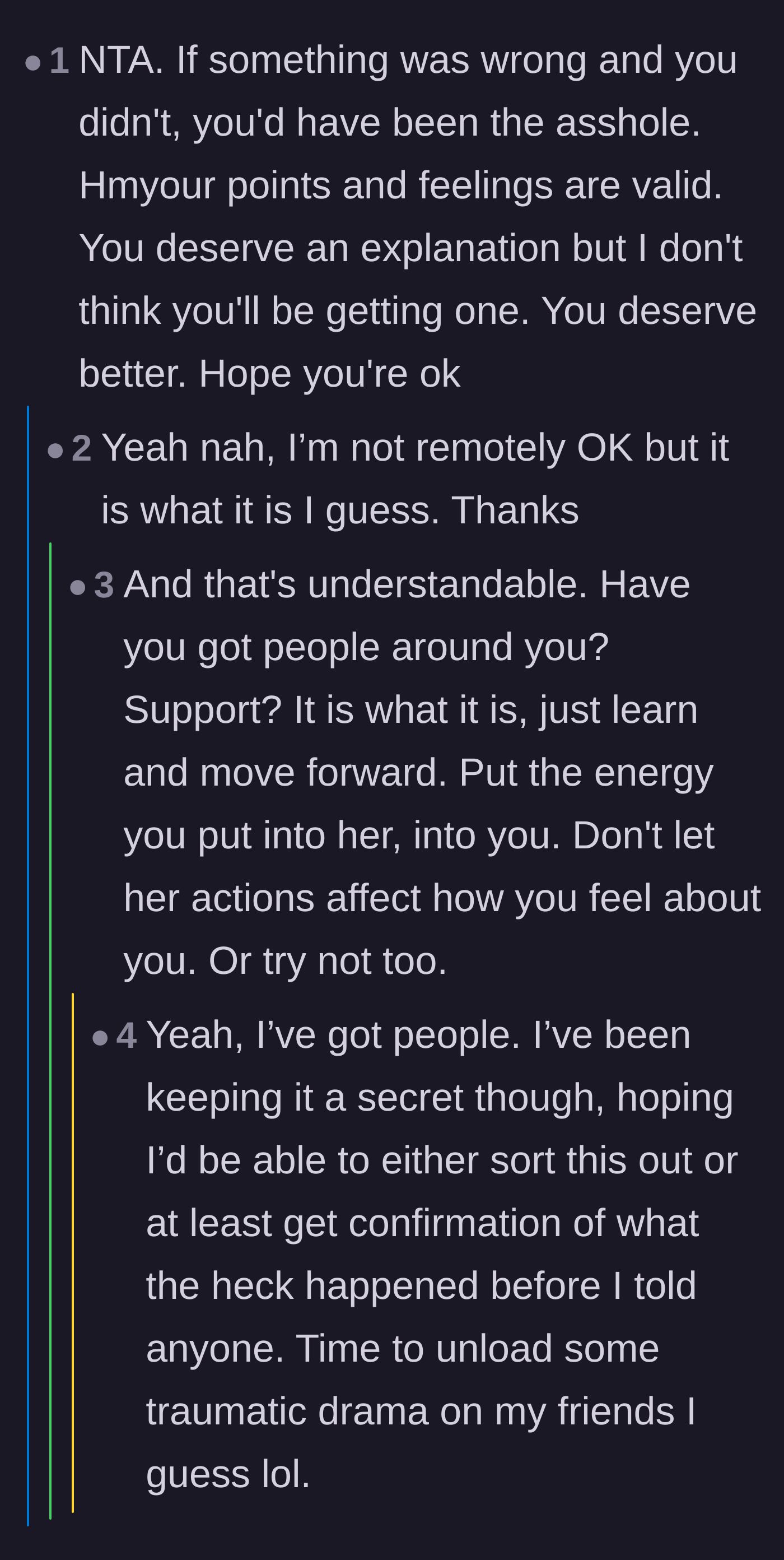 Comment thread 5 - A deeply empathetic exchange where the original poster admits how heartbroken he truly is.