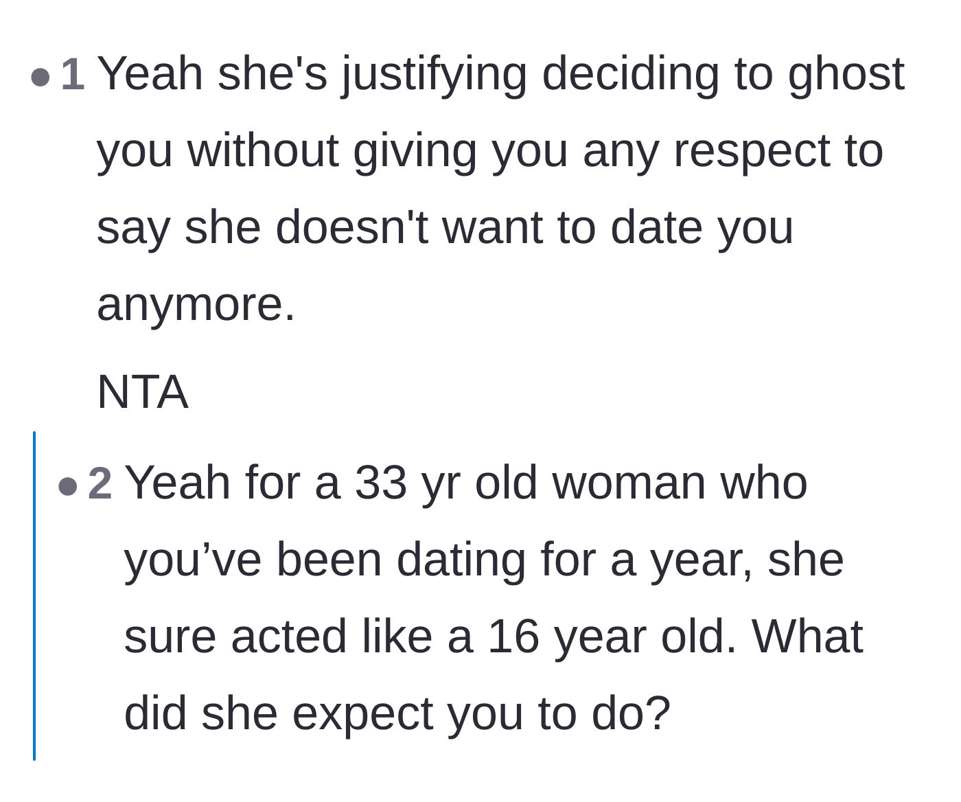 Comment thread 6 - A discussion criticizing the 33-year-old girlfriend for handling the breakup like an immature teenager.
