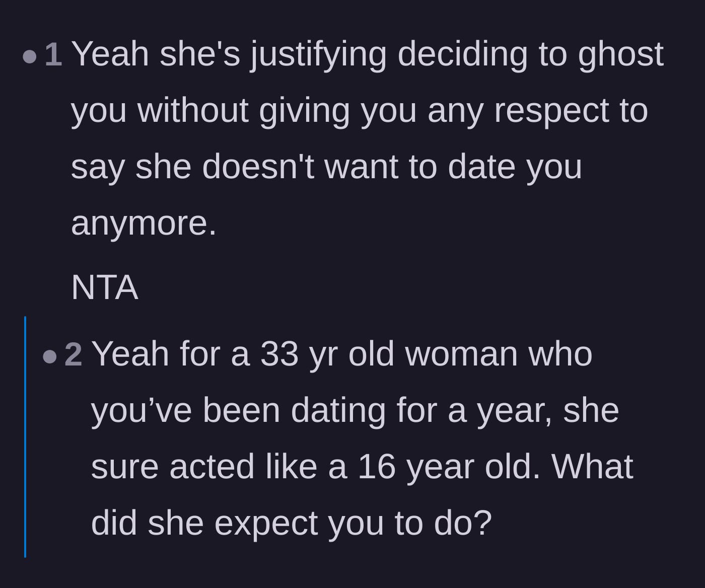 Comment thread 6 - A discussion criticizing the 33-year-old girlfriend for handling the breakup like an immature teenager.