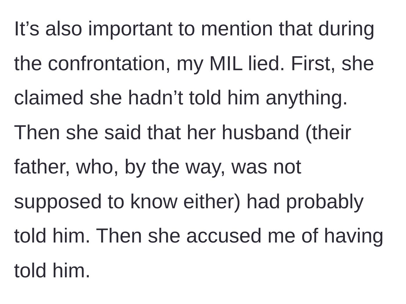 Story part 4 - Mother-in-law desperately lying and changing her story to avoid taking the blame.