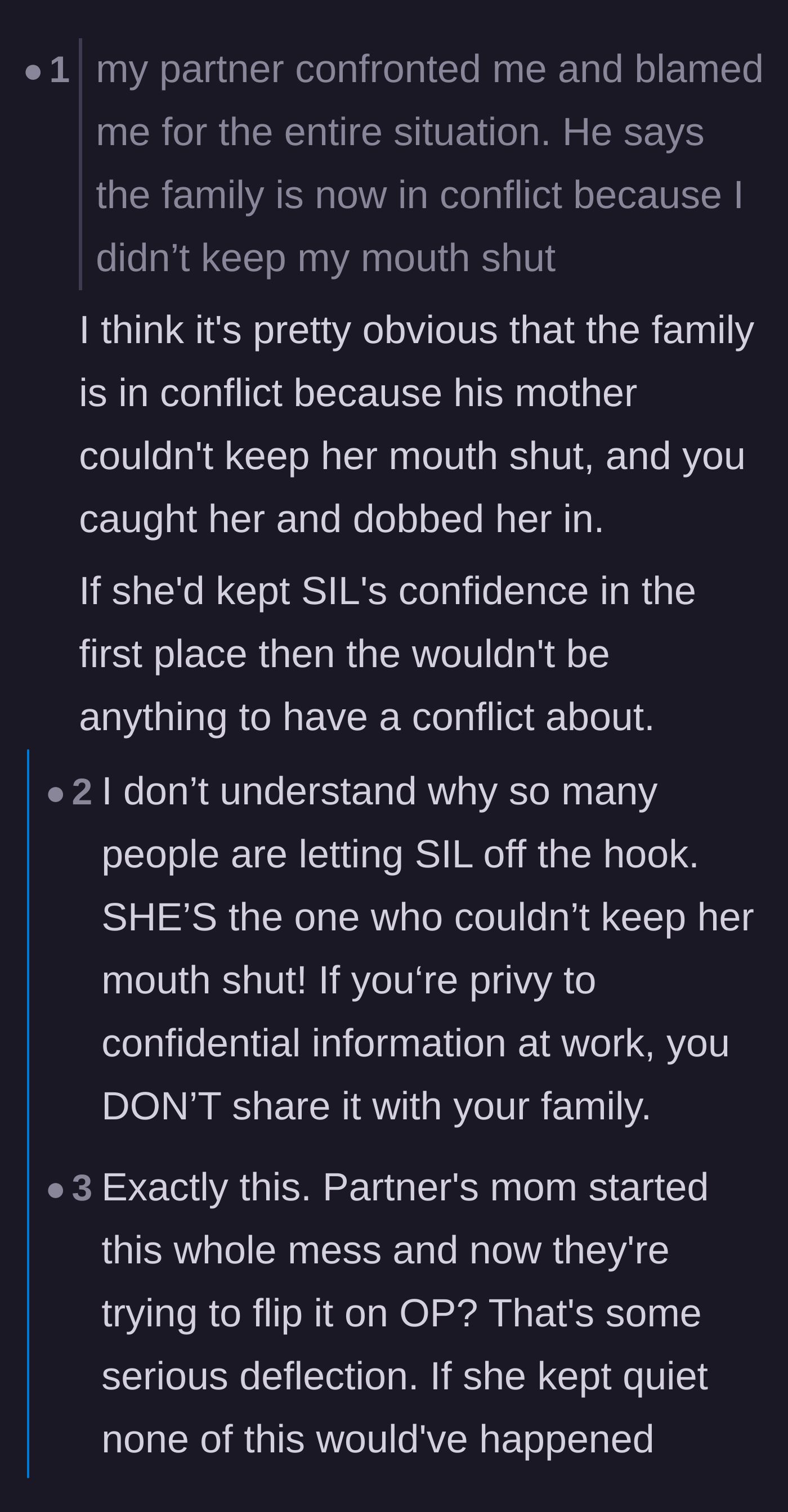Comment thread 1 - Debate over whether the sister-in-law is equally to blame for sharing her own secret in the first place.