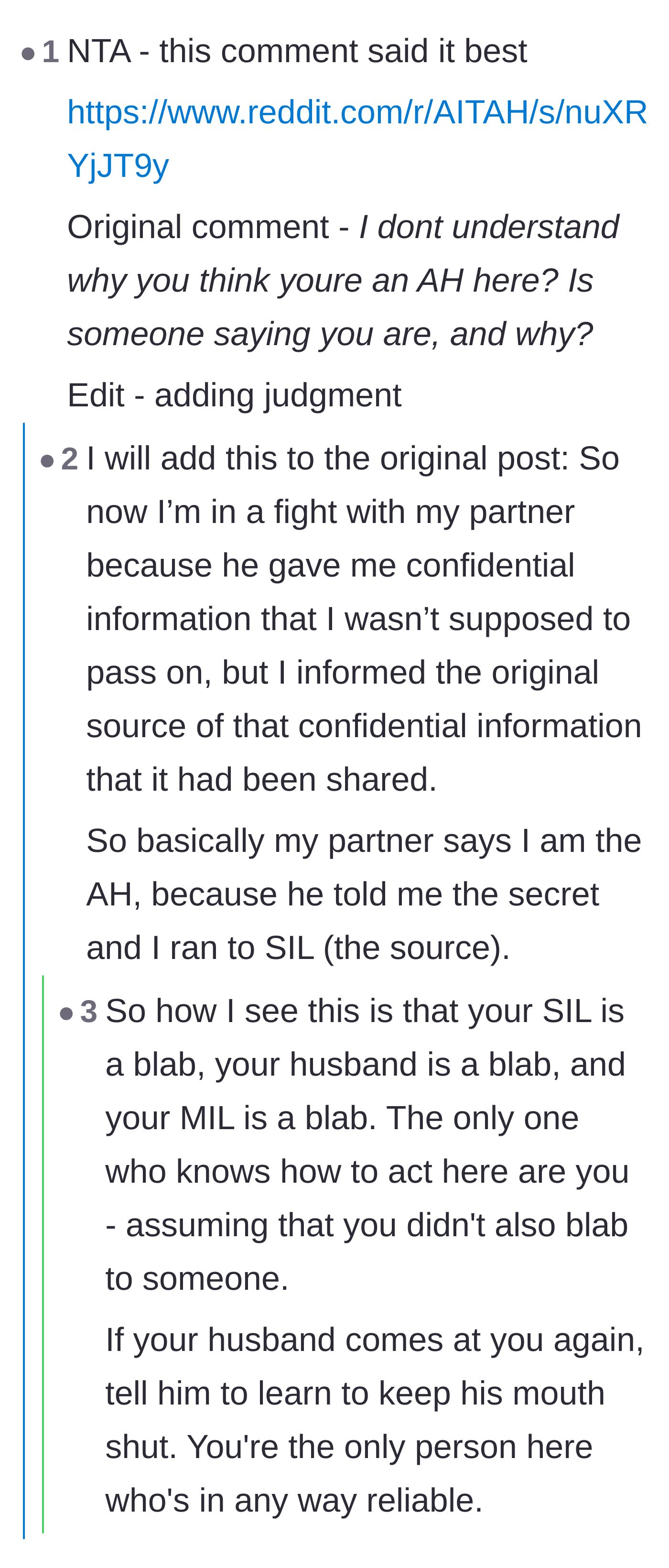 Comment thread 2 - Readers declaring the author the only trustworthy person in a family full of chronic over-sharers.