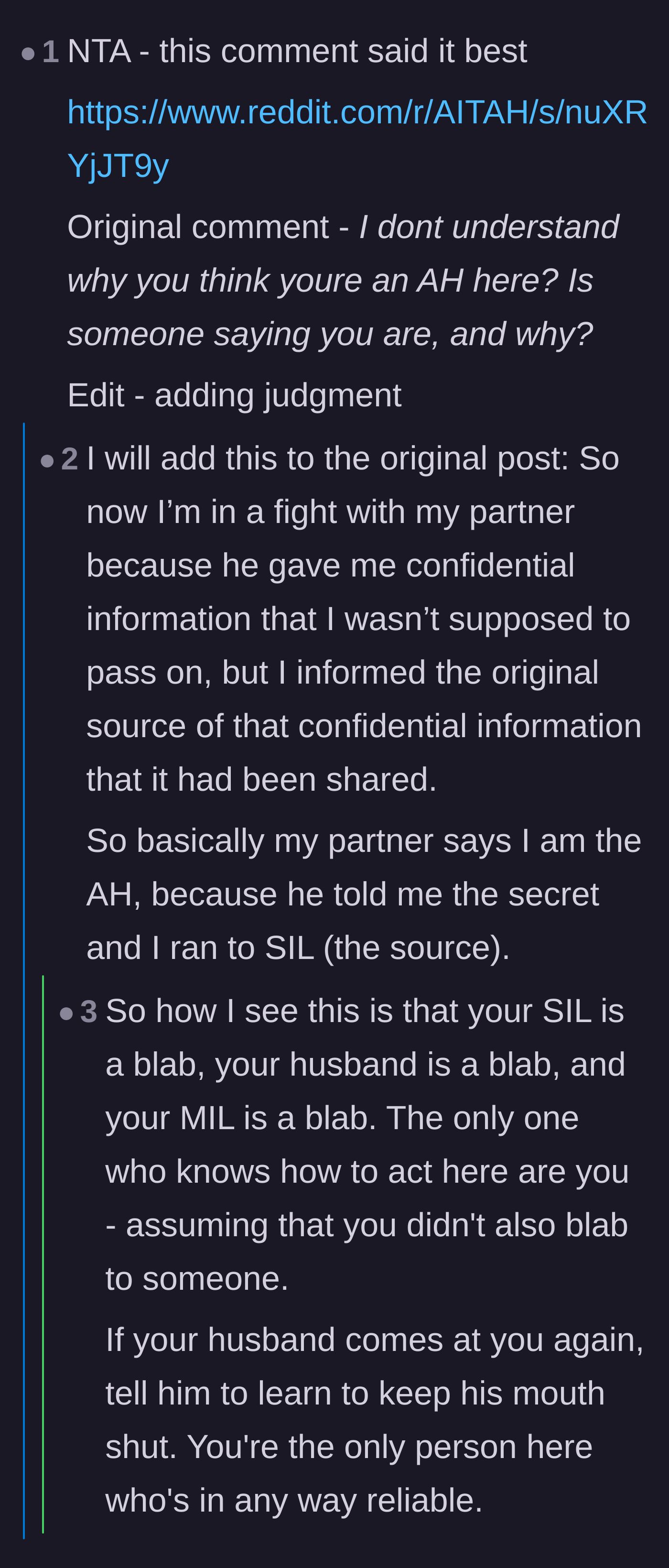 Comment thread 2 - Readers declaring the author the only trustworthy person in a family full of chronic over-sharers.