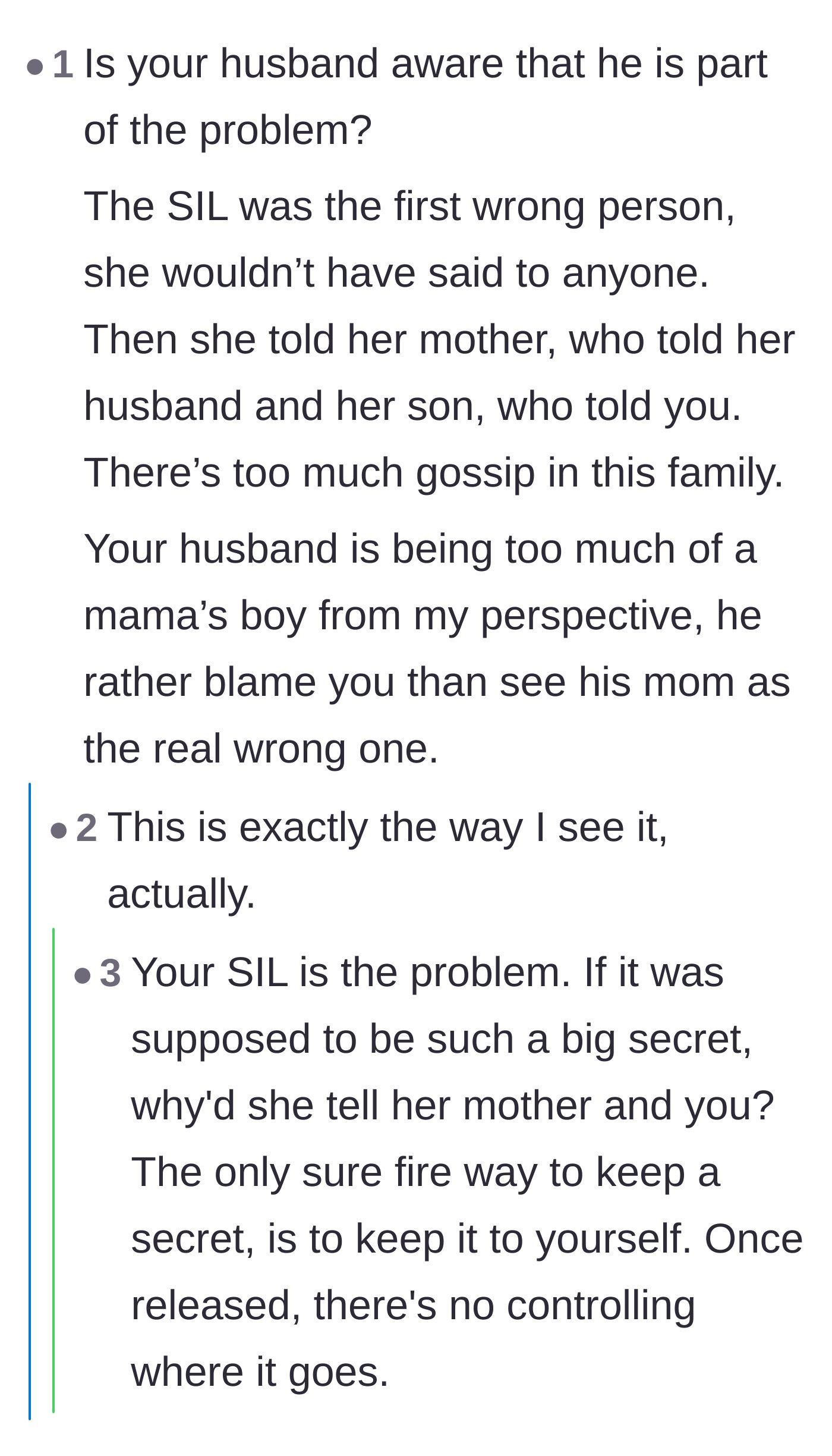 Comment thread 3 - Discussion analyzing the husband's blind loyalty to his mother and the revelation that the secret was actually a trap.