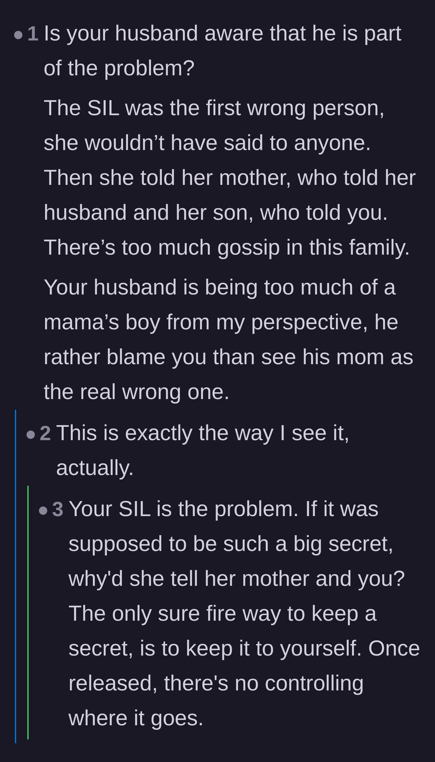 Comment thread 3 - Discussion analyzing the husband's blind loyalty to his mother and the revelation that the secret was actually a trap.