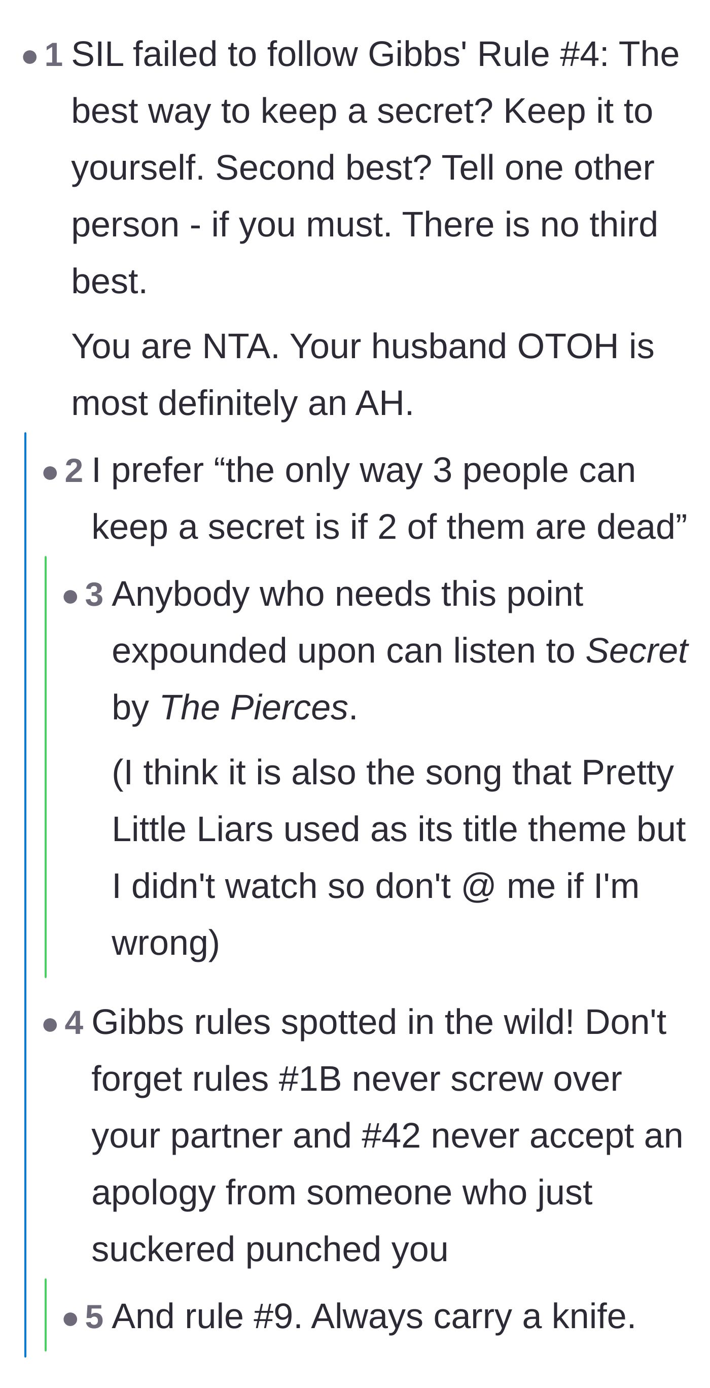 Comment thread 4 - Pop culture references and adages about the impossibility of keeping a secret once it leaves your mouth.