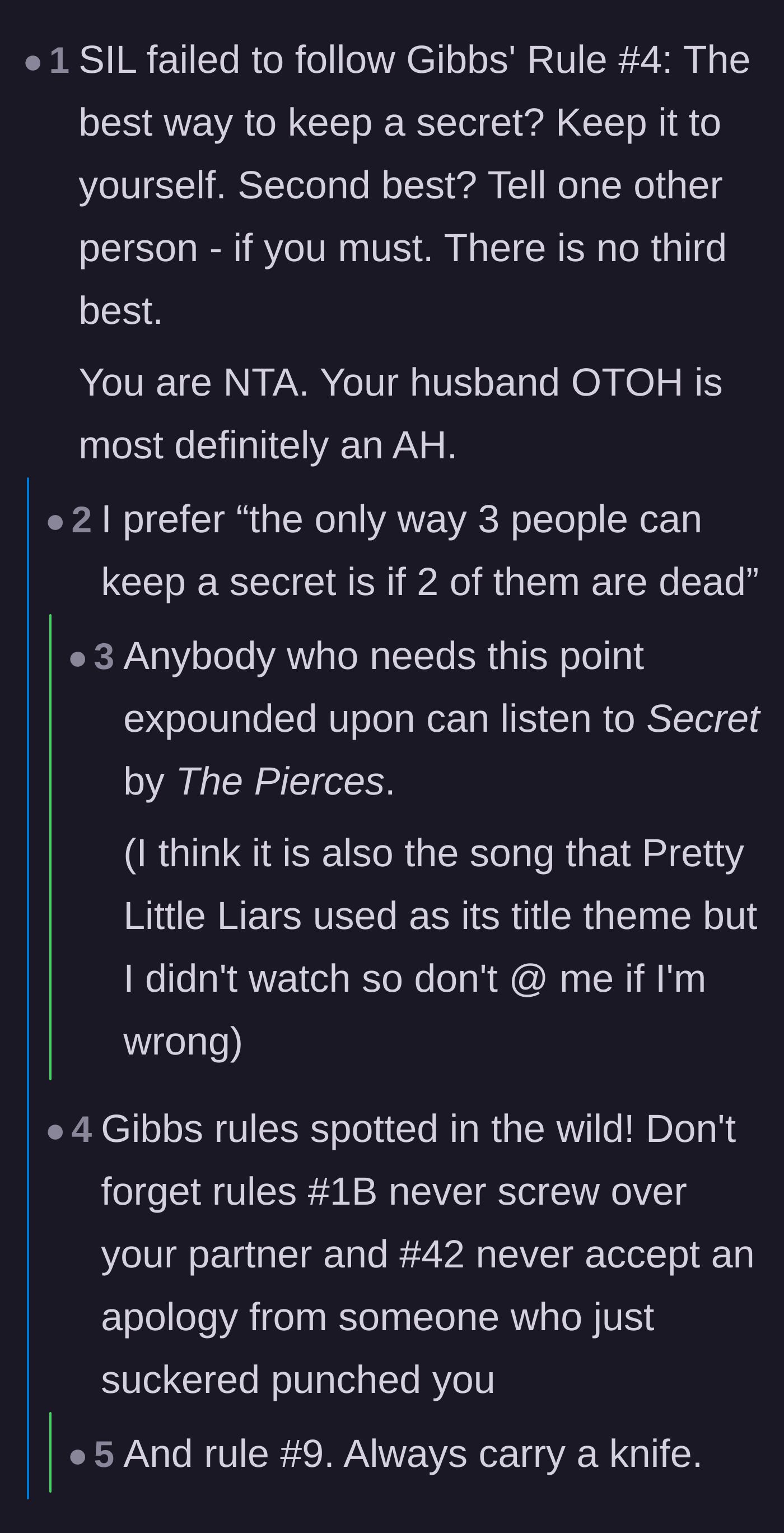 Comment thread 4 - Pop culture references and adages about the impossibility of keeping a secret once it leaves your mouth.