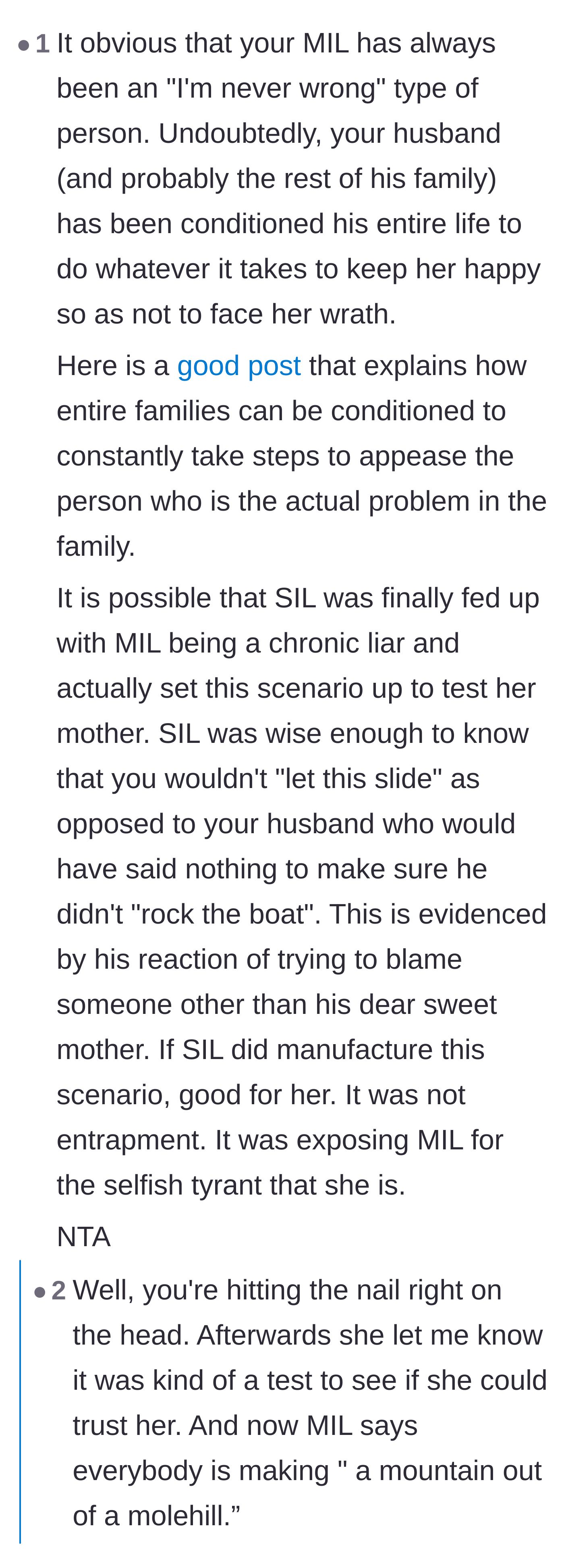 Comment thread 5 - Deep dive into family dynamics, the 'don't rock the boat' theory, and the mother-in-law's need for absolute control.