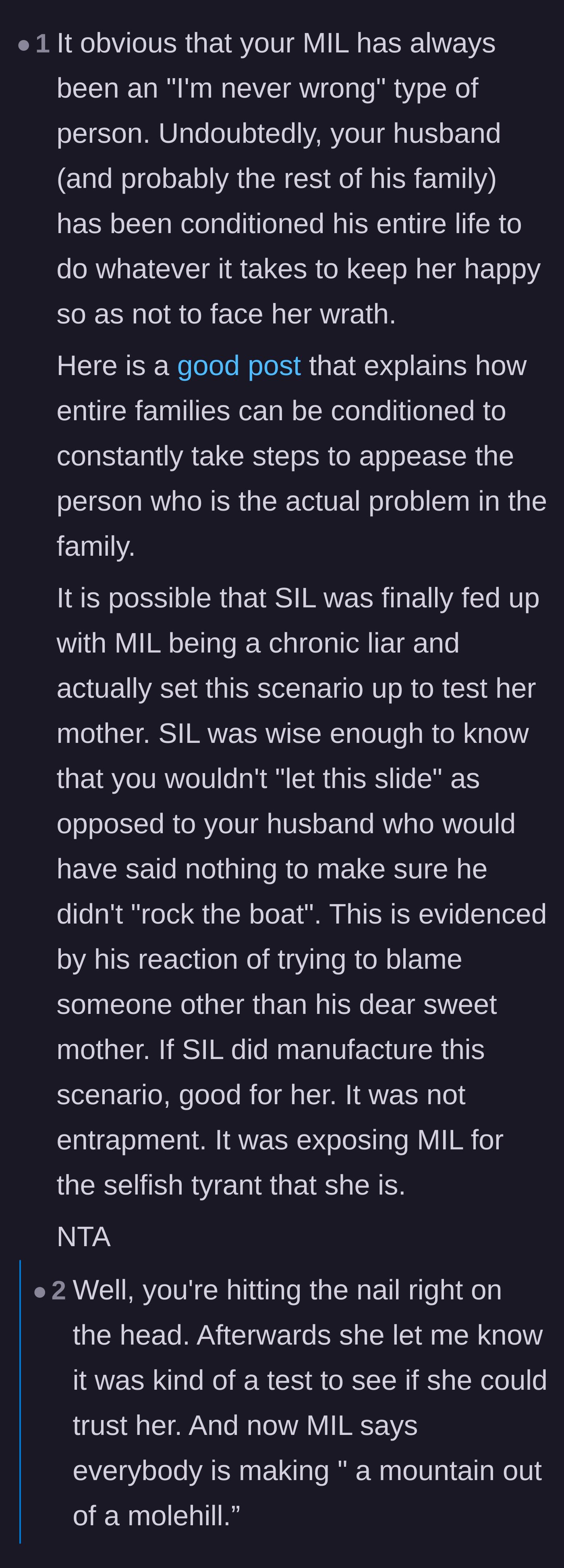 Comment thread 5 - Deep dive into family dynamics, the 'don't rock the boat' theory, and the mother-in-law's need for absolute control.