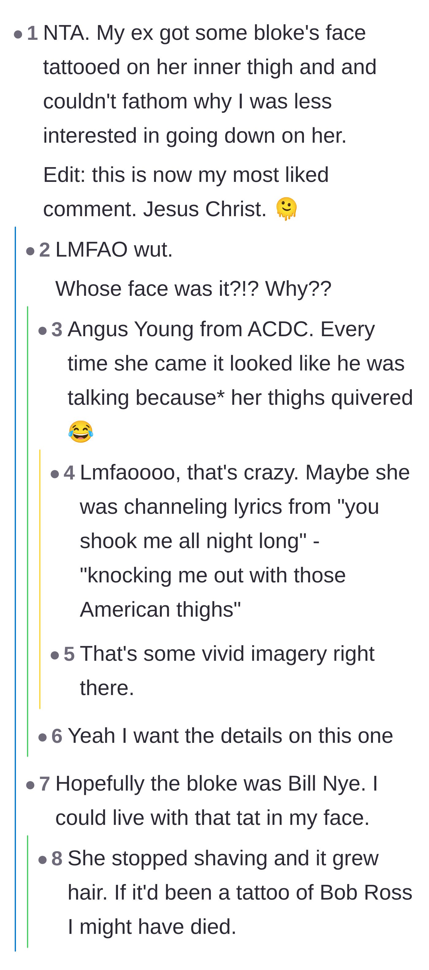 Comment thread 2 - A hilariously derailing story about a partner getting an AC/DC band member's face tattooed on her inner thigh.