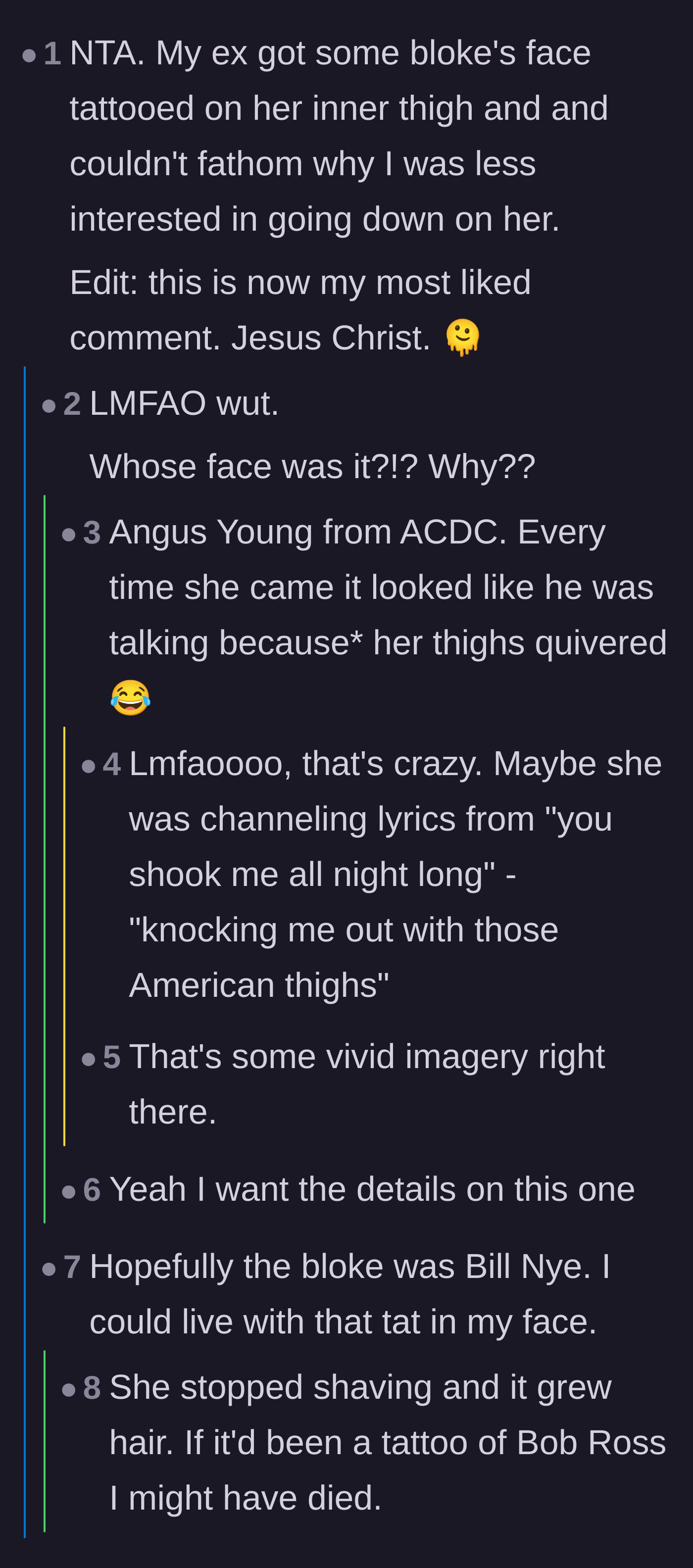 Comment thread 2 - A hilariously derailing story about a partner getting an AC/DC band member's face tattooed on her inner thigh.