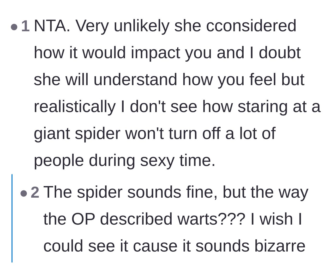 Comment thread 3 - Readers questioning the hyper-realistic, warty details of the spider tattoo and its undeniable impact on intimacy.