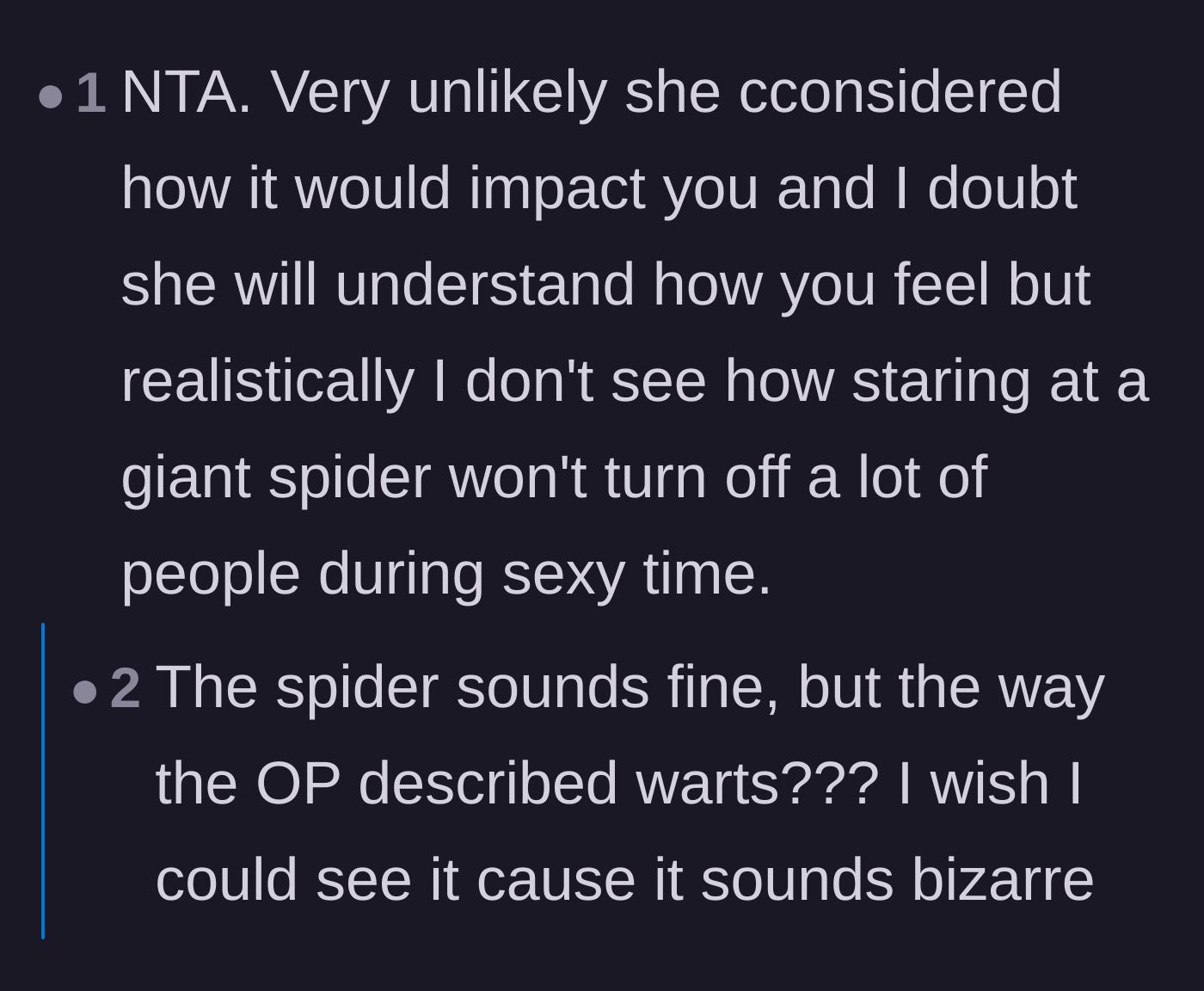 Comment thread 3 - Readers questioning the hyper-realistic, warty details of the spider tattoo and its undeniable impact on intimacy.