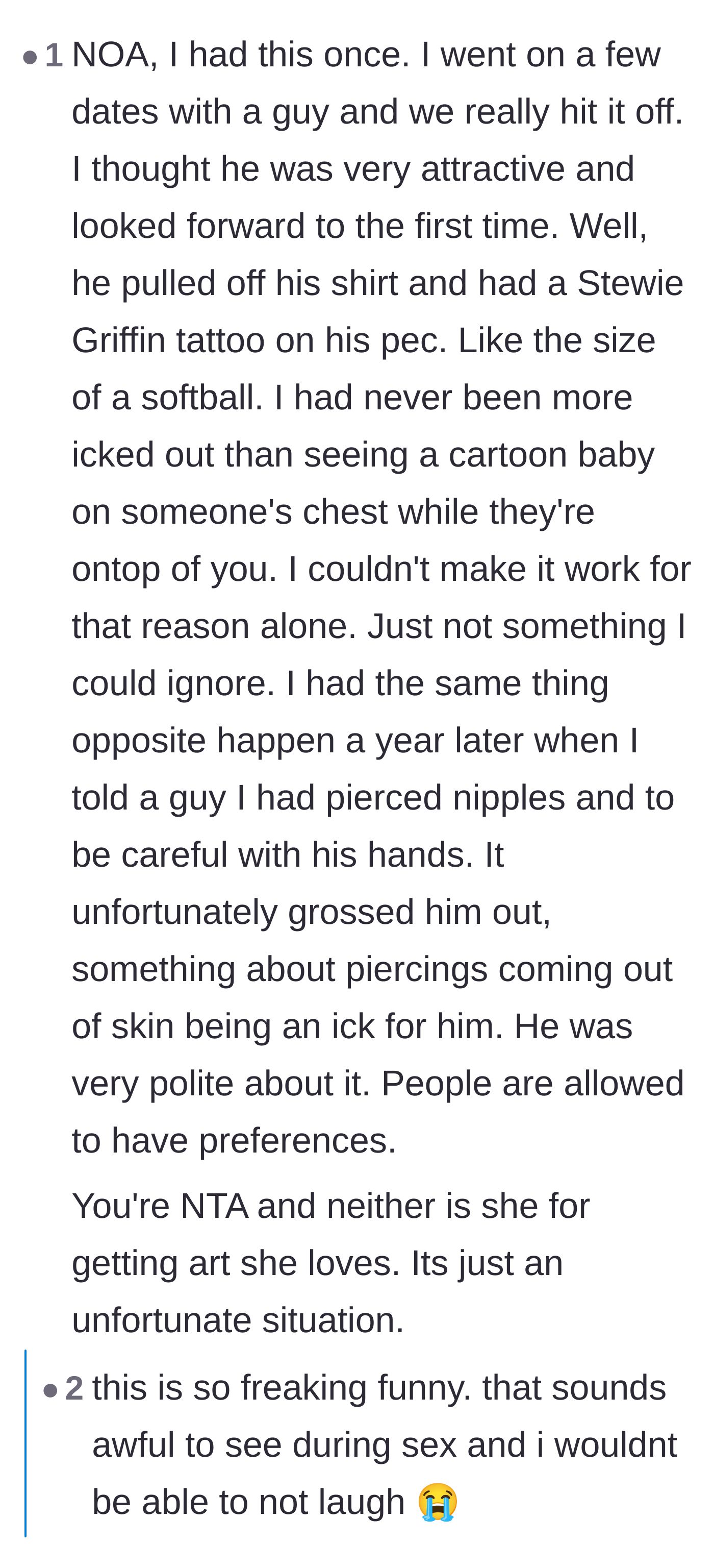 Comment thread 5 - Commiseration from readers sharing their own jarring experiences with cartoon and celebrity chest tattoos killing the romantic mood.
