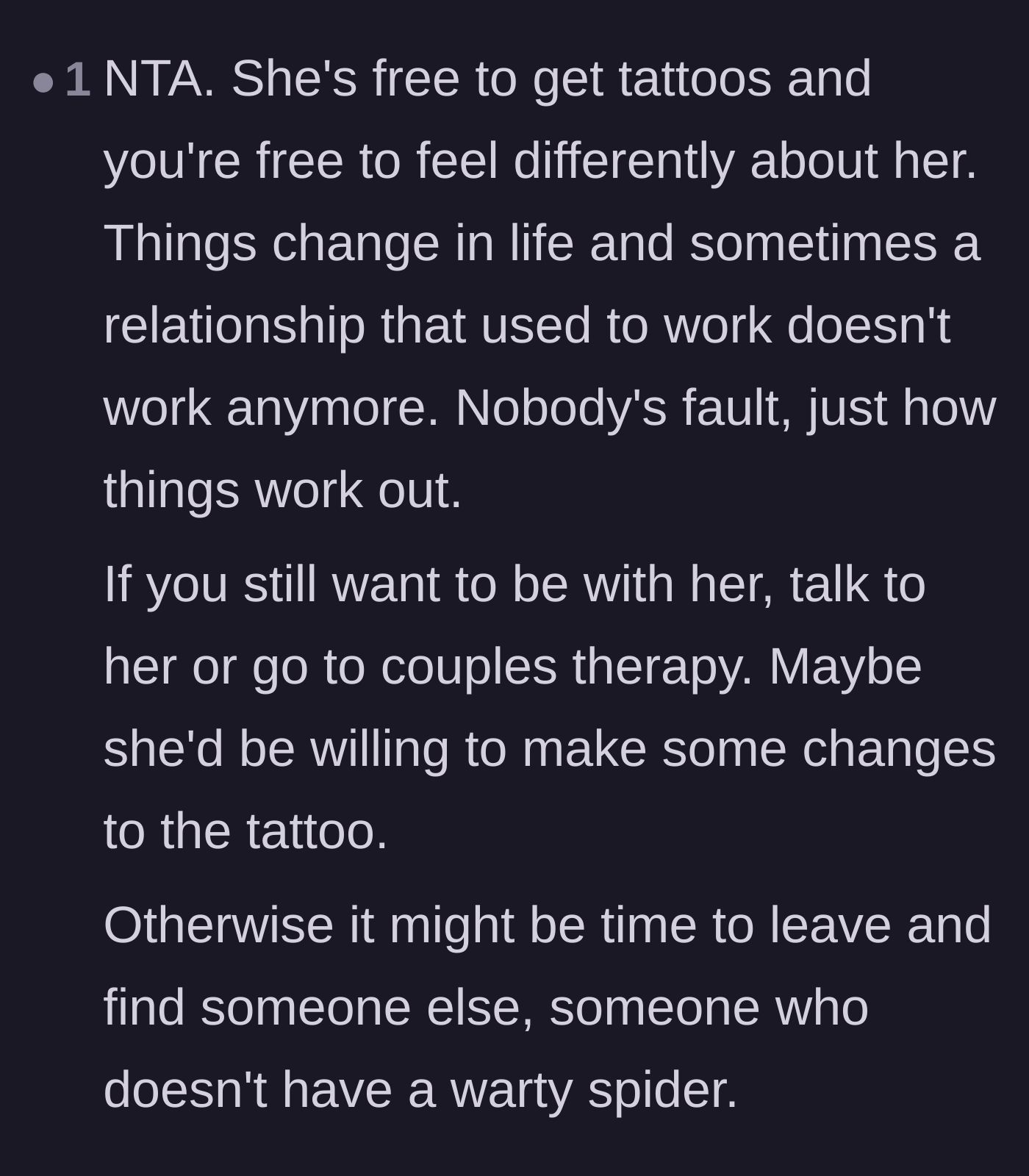 Comment thread 6 - Practical advice affirming both partners' autonomy and suggesting couples therapy or an amicable breakup.