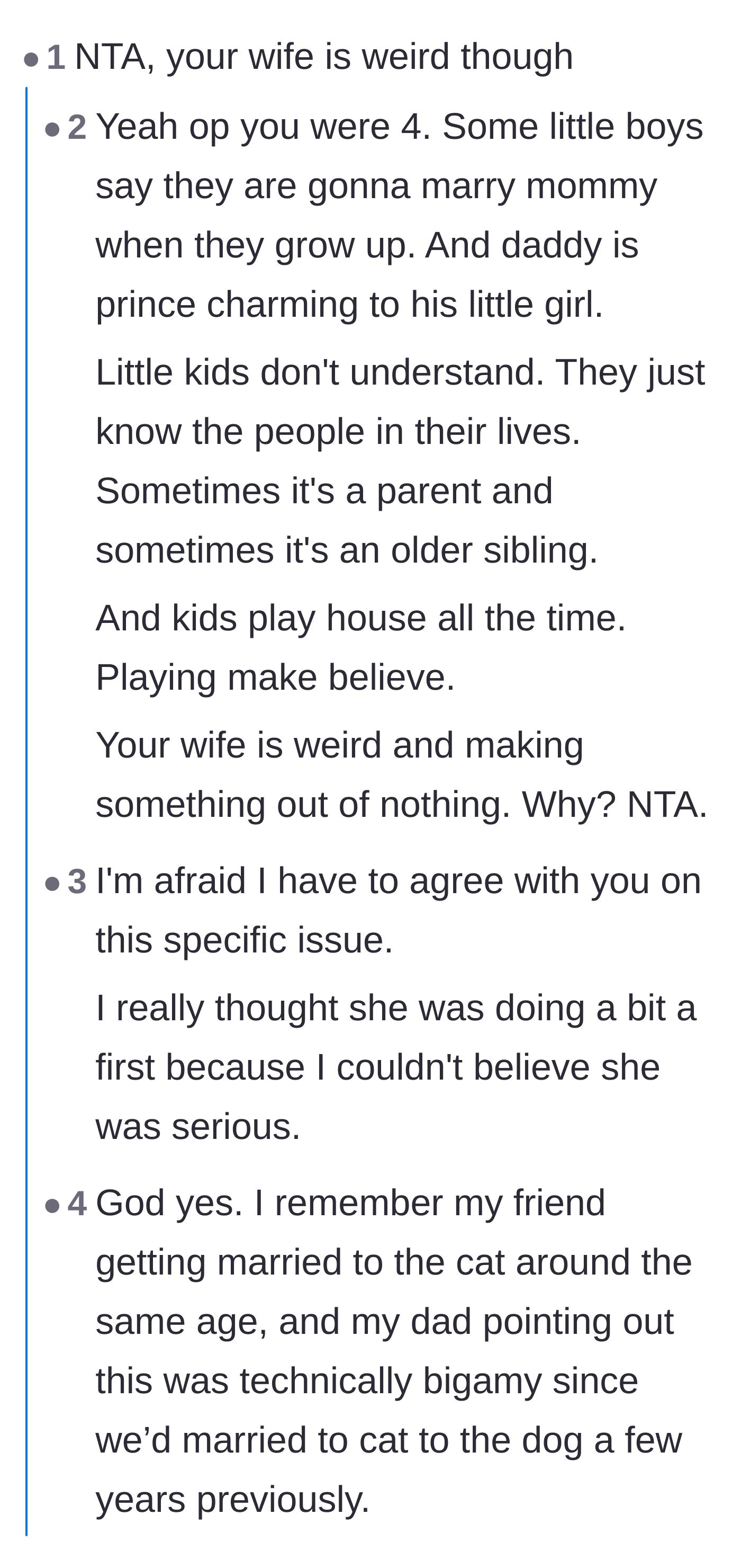 Comment thread 1 - Readers sharing hilarious stories of pretending to marry their family members and pets as toddlers.