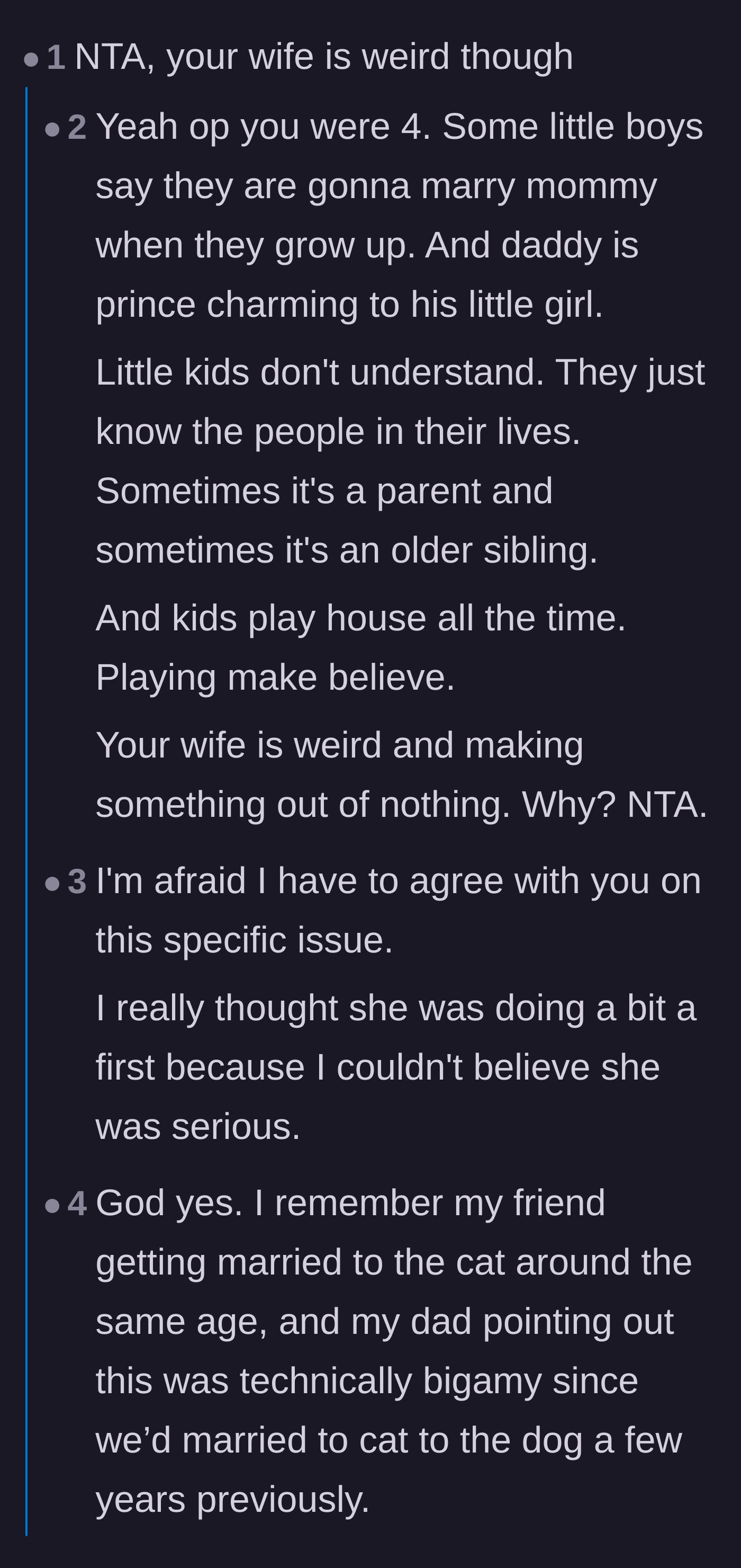 Comment thread 1 - Readers sharing hilarious stories of pretending to marry their family members and pets as toddlers.