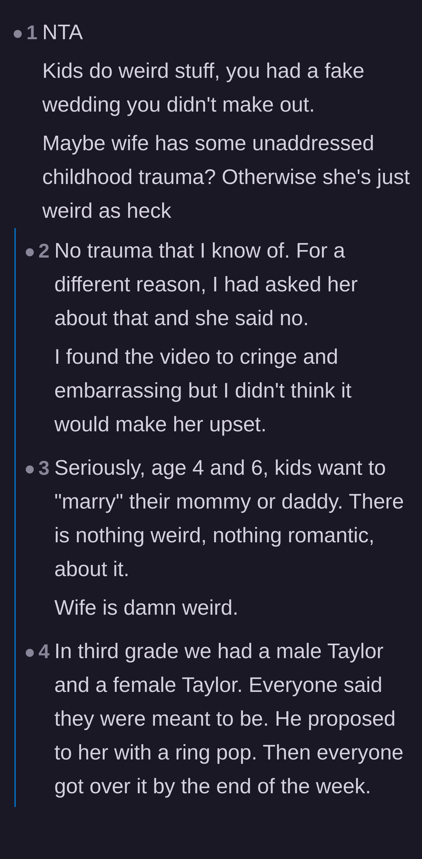 Comment thread 2 - A deep dive into whether the wife's strong reaction stems from a strict or highly sheltered upbringing.