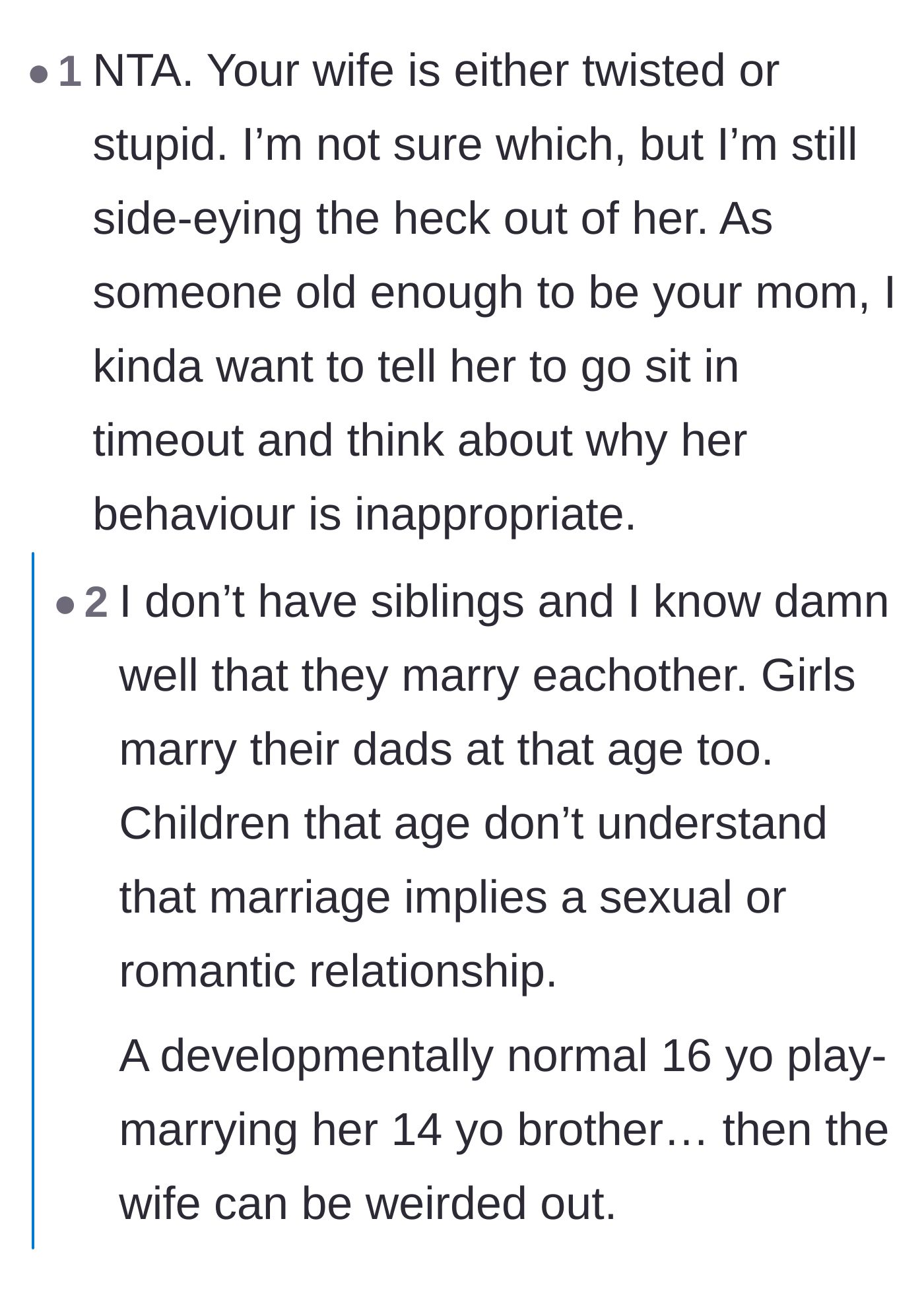 Comment thread 3 - An older mother giving the wife a virtual timeout for her baffling behavior.