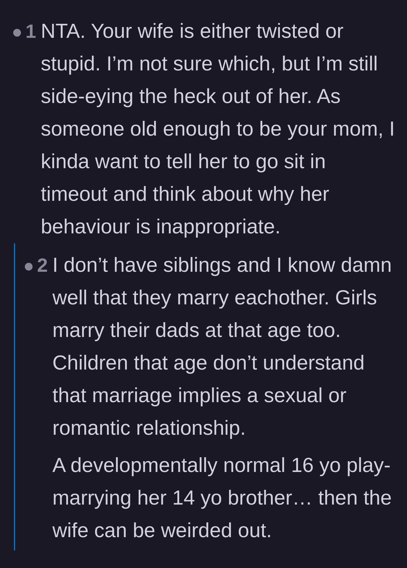 Comment thread 3 - An older mother giving the wife a virtual timeout for her baffling behavior.