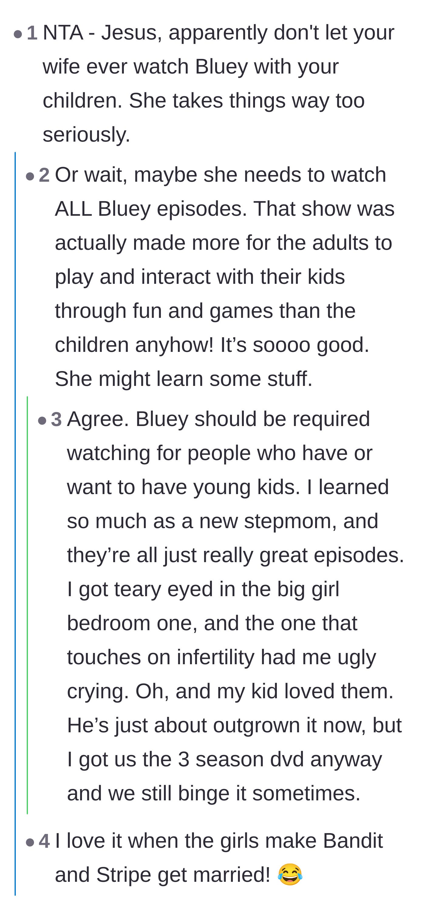 Comment thread 4 - Readers suggesting the wife needs to watch the cartoon Bluey to understand normal childhood imagination.