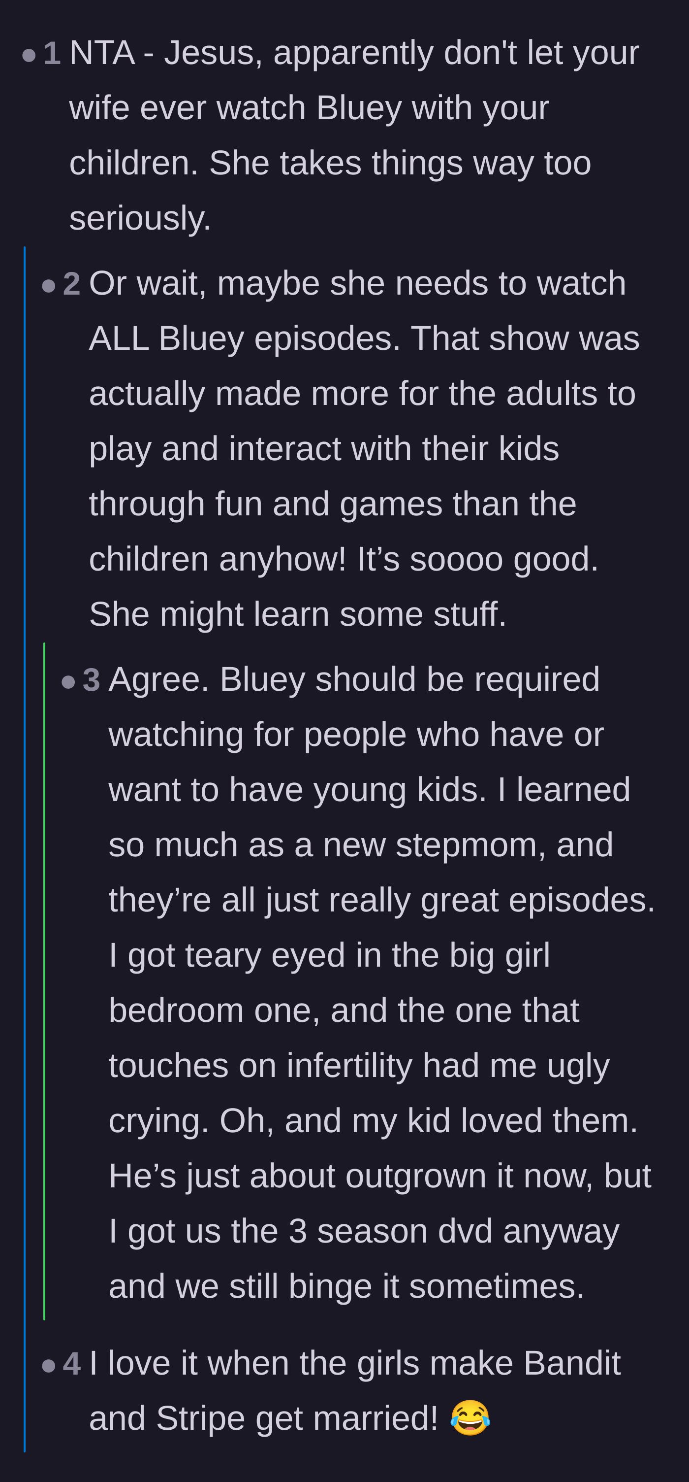 Comment thread 4 - Readers suggesting the wife needs to watch the cartoon Bluey to understand normal childhood imagination.