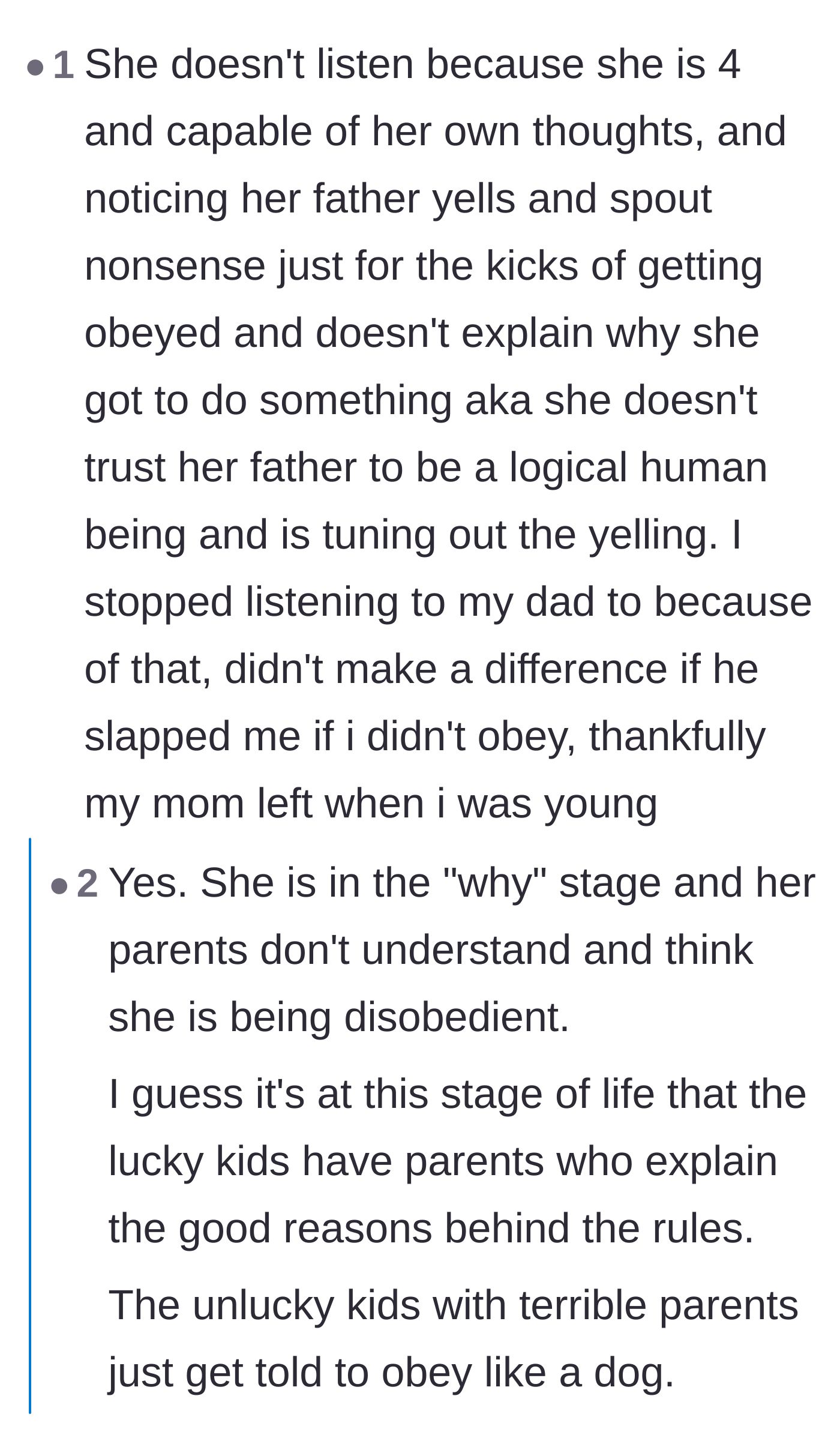 Comment thread 2 - Commenters discussing the importance of explaining rules to children in the 'why' stage rather than demanding blind obedience.
