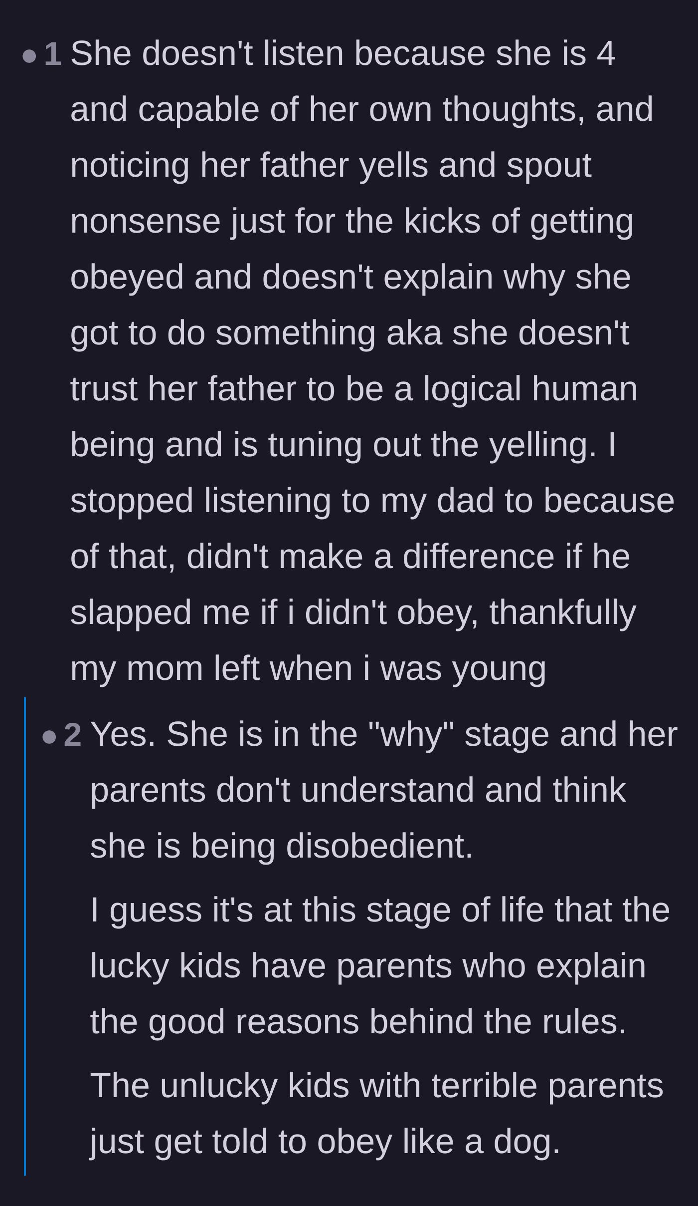Comment thread 2 - Commenters discussing the importance of explaining rules to children in the 'why' stage rather than demanding blind obedience.