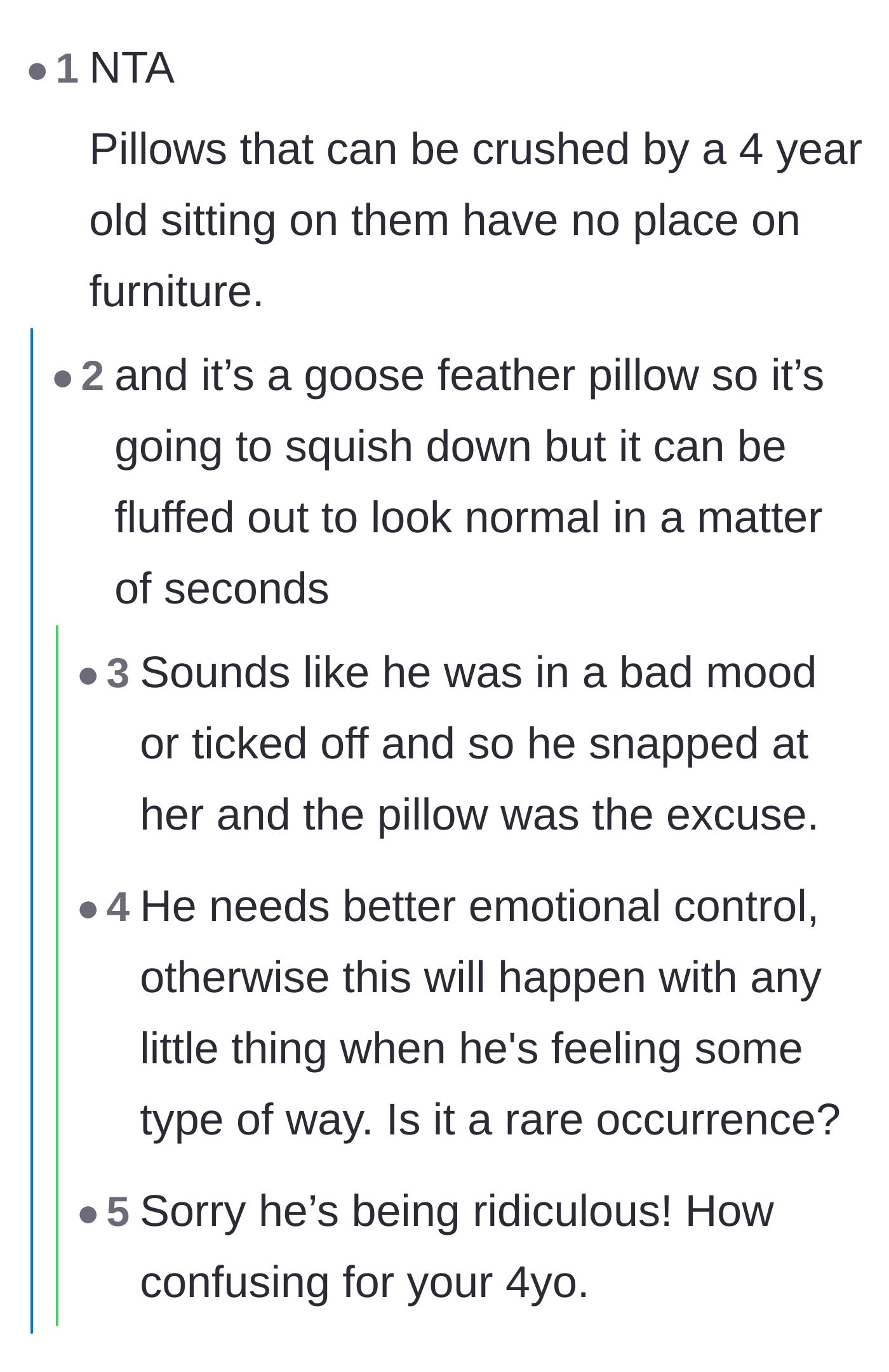 Comment thread 3 - A thread pointing out that a standard feather pillow can be easily fluffed, suggesting the husband was simply venting a bad mood.