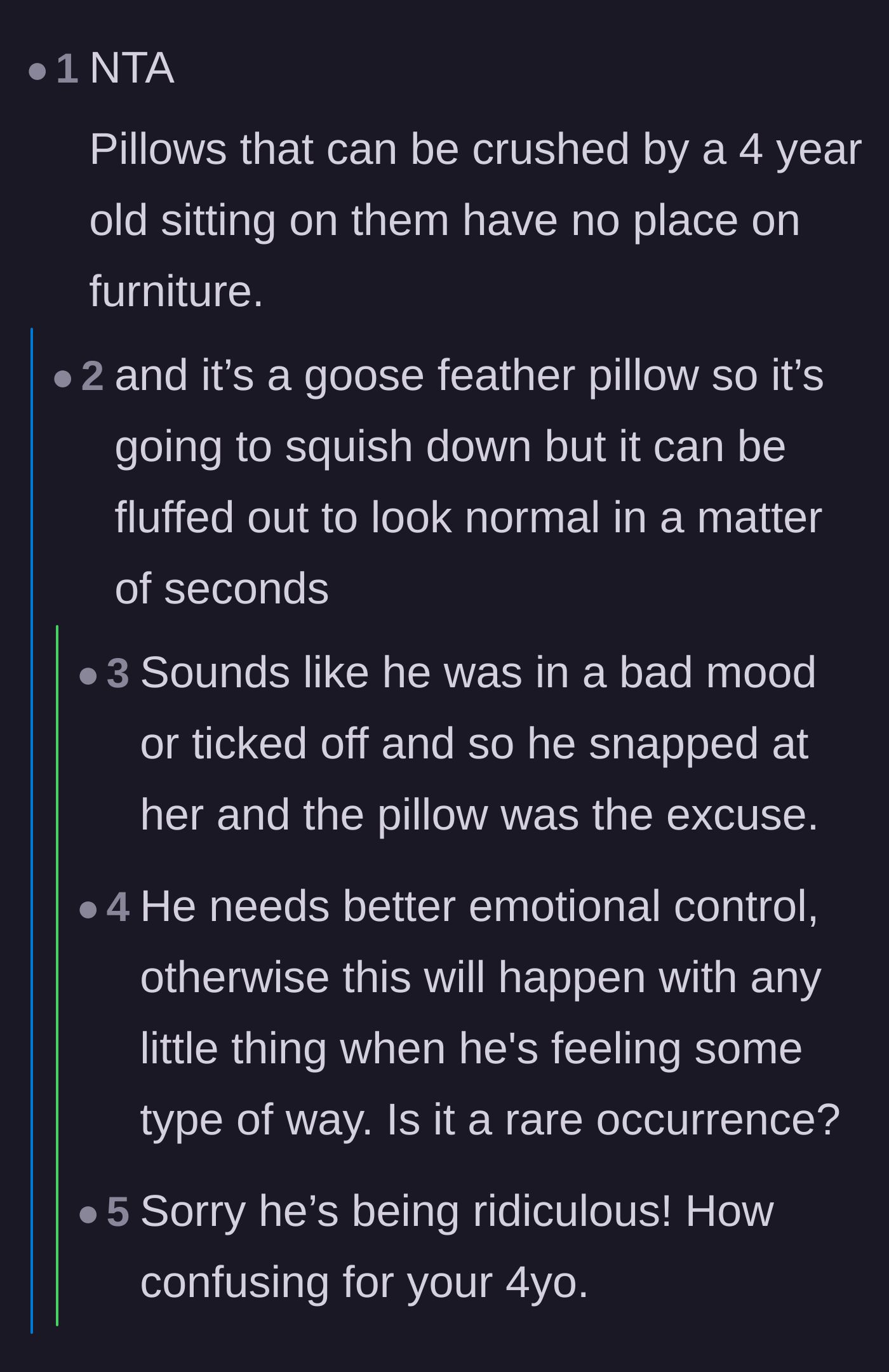 Comment thread 3 - A thread pointing out that a standard feather pillow can be easily fluffed, suggesting the husband was simply venting a bad mood.