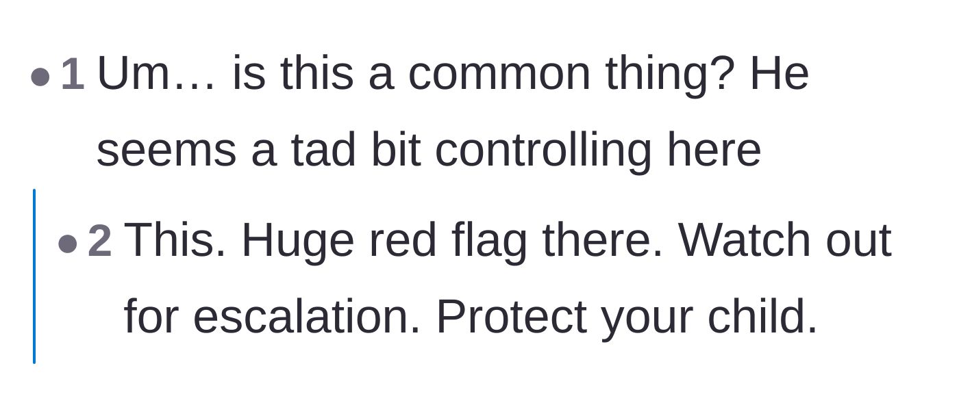 Comment thread 4 - Users questioning if the husband's controlling behavior over minor household items is a recurring red flag.