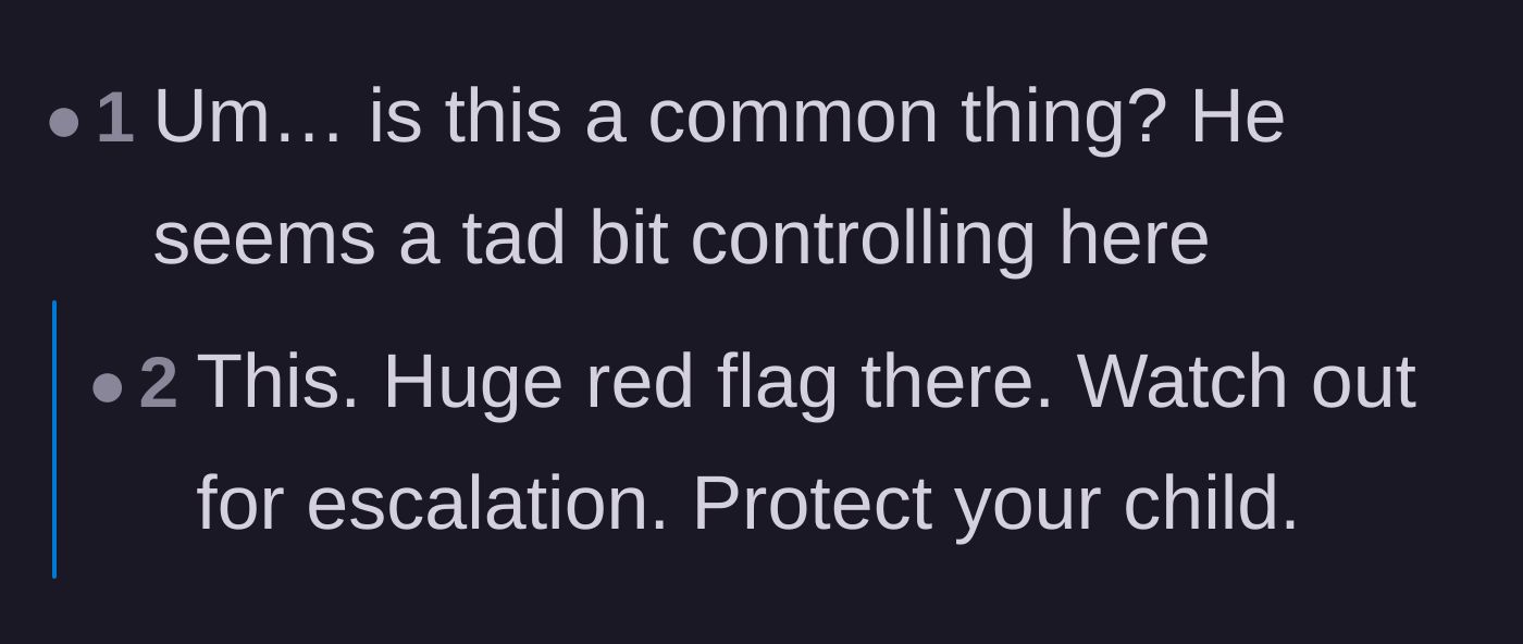 Comment thread 4 - Users questioning if the husband's controlling behavior over minor household items is a recurring red flag.
